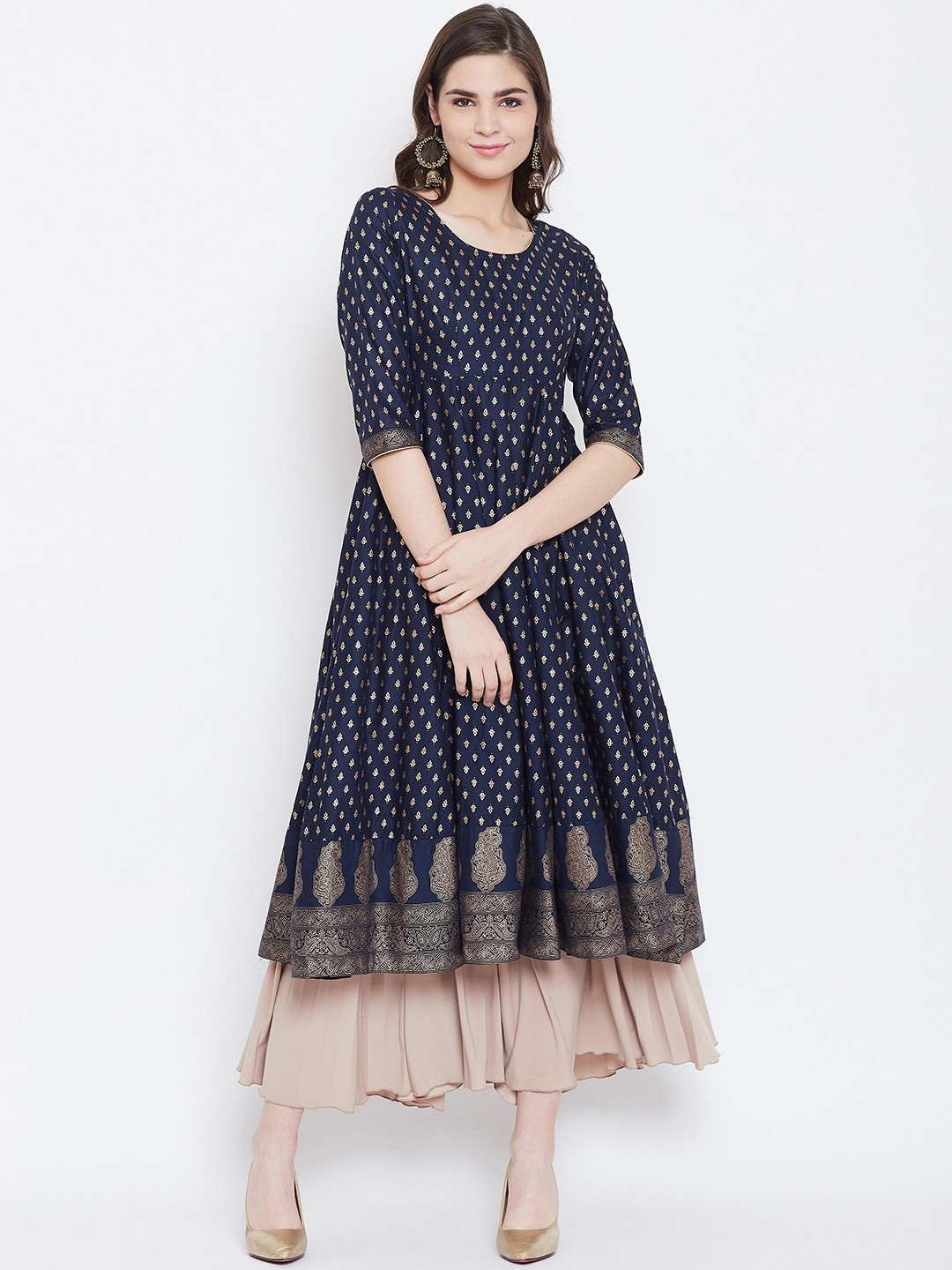 

Poshak Hub Cotton Ethnic Motifs Printed Anarkali Kurta, Navy blue