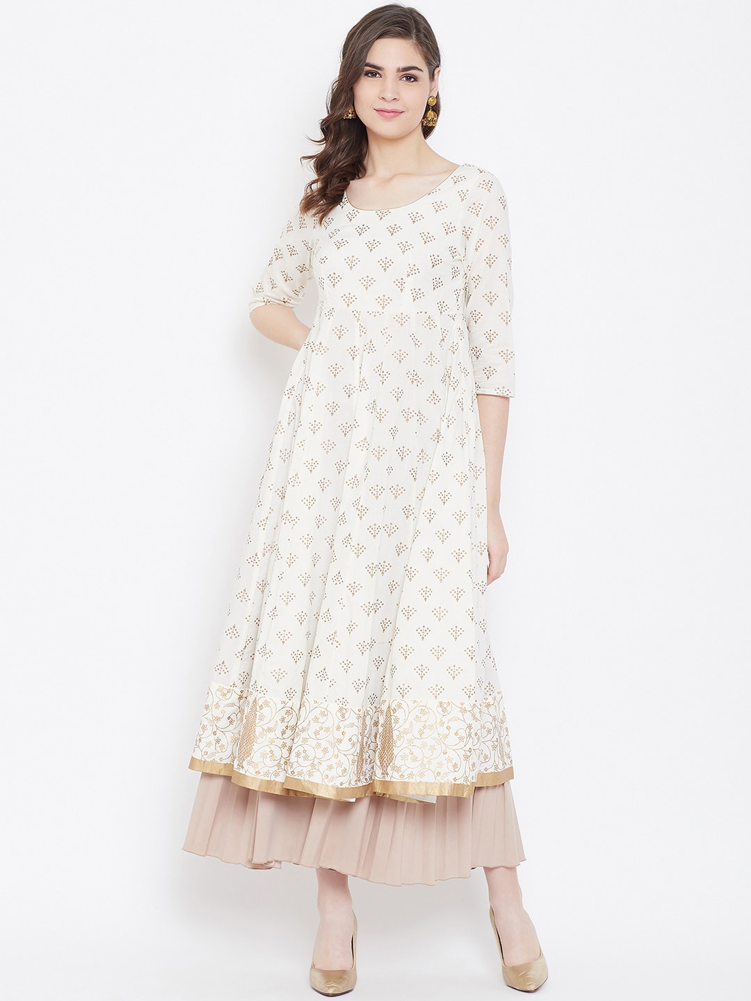 

Poshak Hub Ethnic Motifs Printed Pure Cotton Anarkali Kurta, Off white