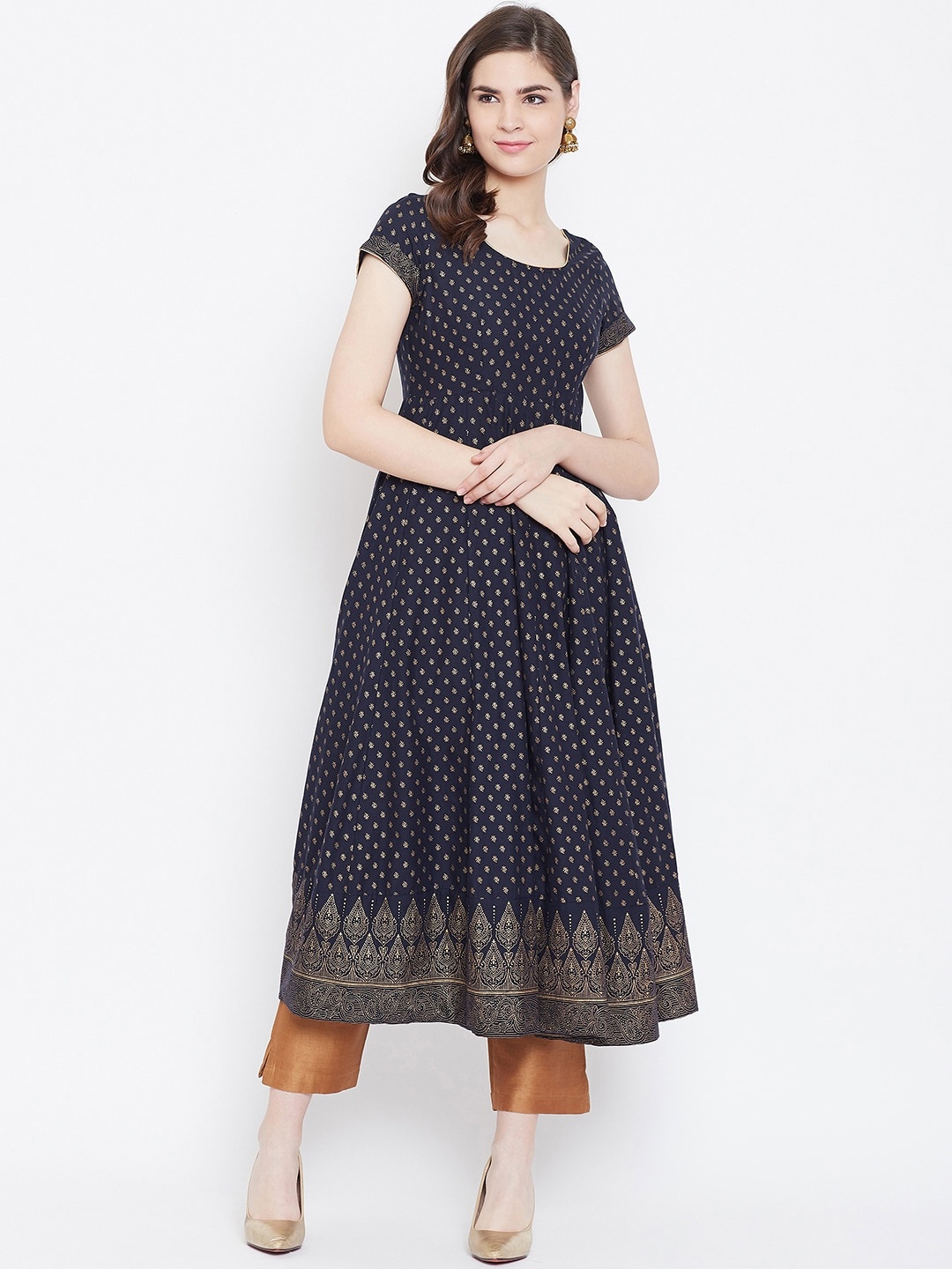 

Poshak Hub Ethnic Motifs Printed Anarkali Cotton Kurta, Navy blue