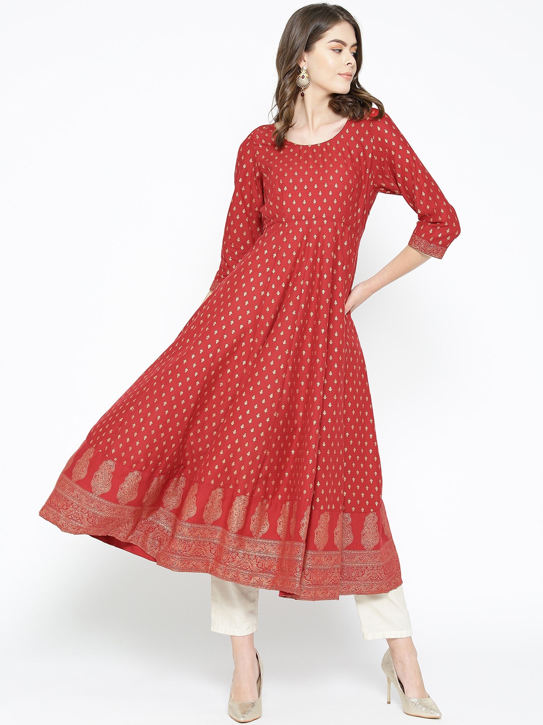 

Poshak Hub Women Ethnic Motifs Printed Cotton Anarkali Kurta, Red