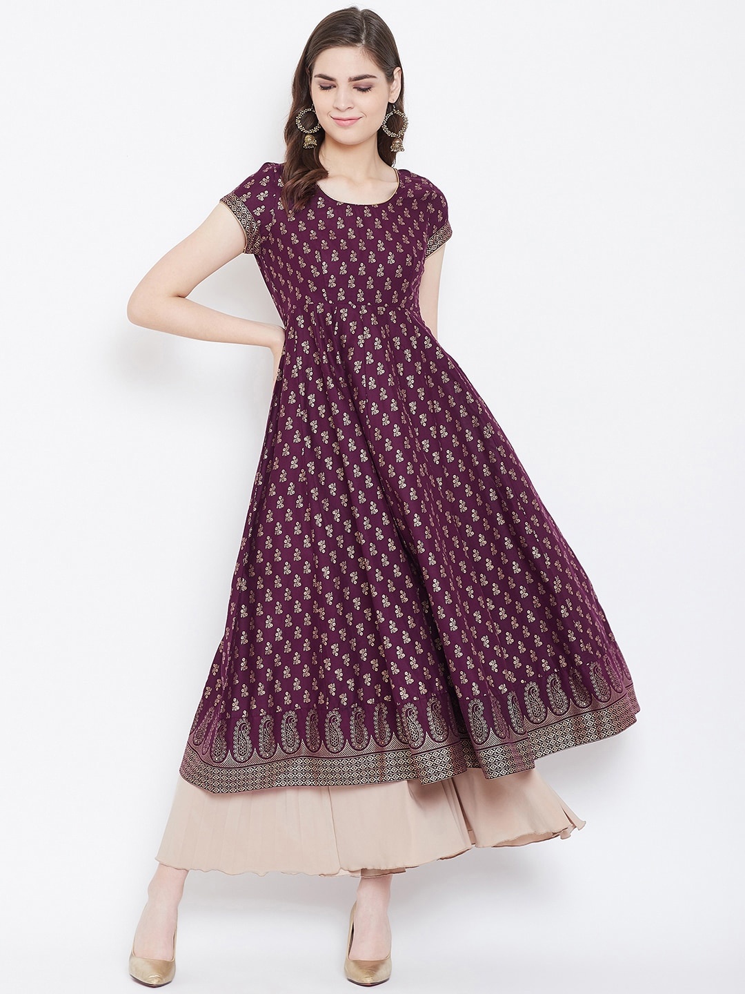 

Poshak Hub Ethnic Motifs Printed Cotton Anarkali Kurta, Purple