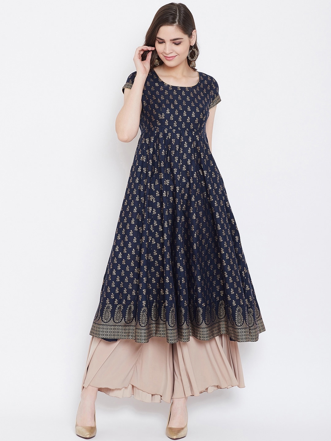 

Poshak Hub Ethnic Motifs Printed Cotton Anarkali Kurta, Navy blue