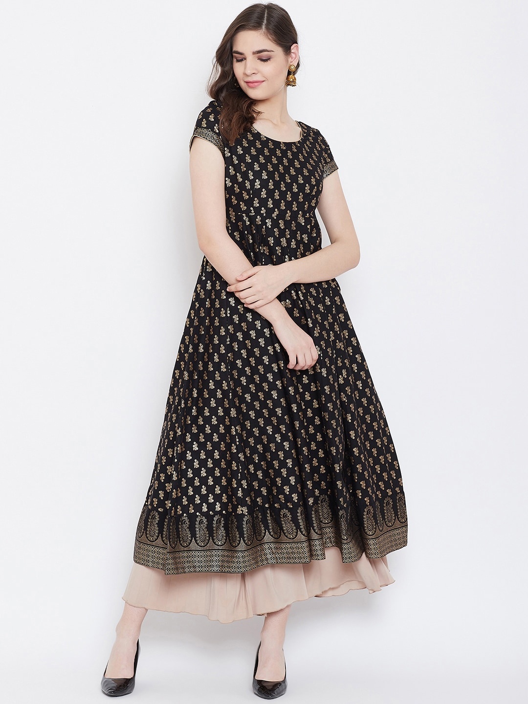 

Poshak Hub Ethnic Motifs Printed Cotton Anarkali Kurta, Black