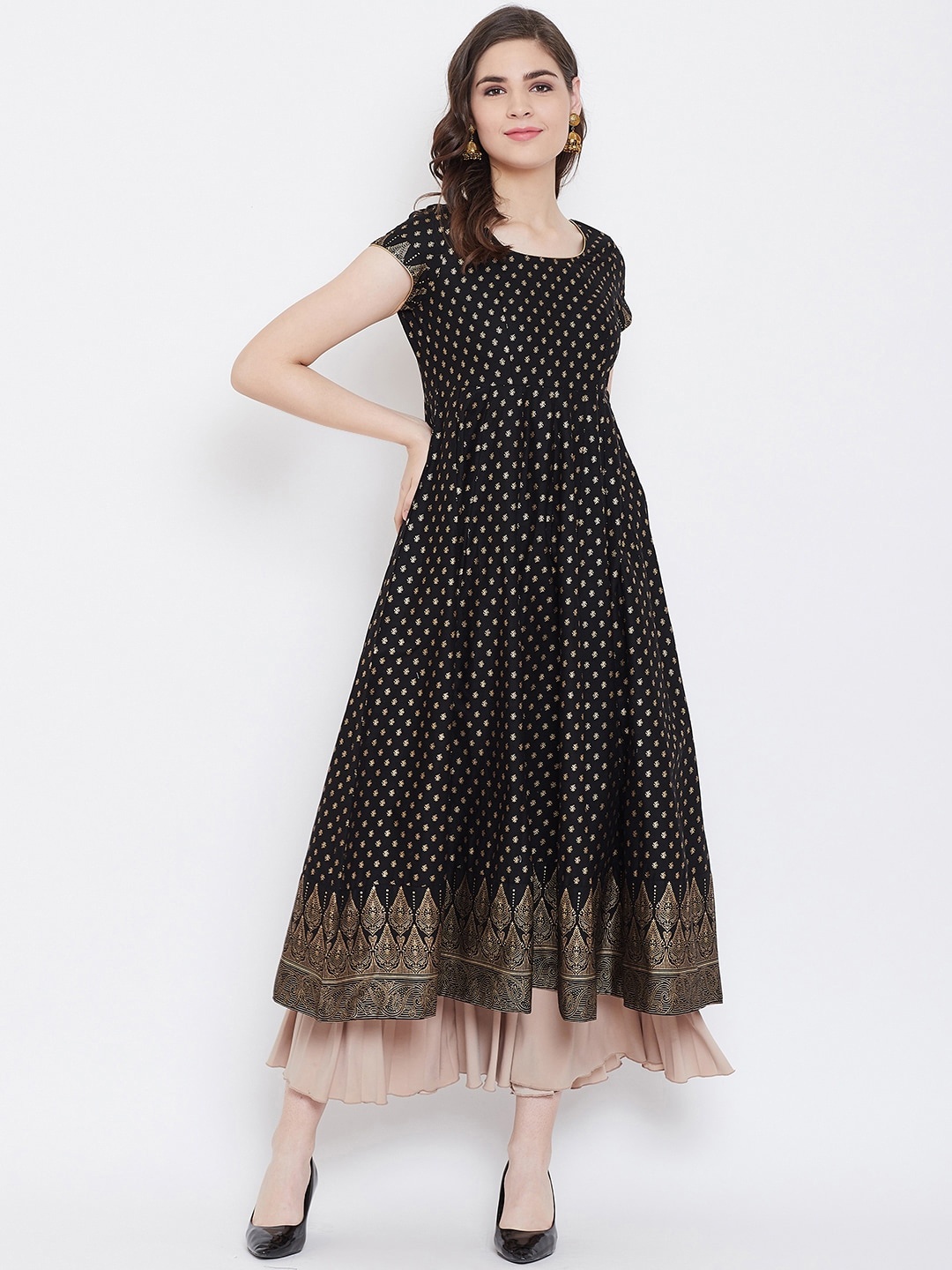 

Poshak Hub Ethnic Motifs Printed Cotton Anarkali Kurta, Black
