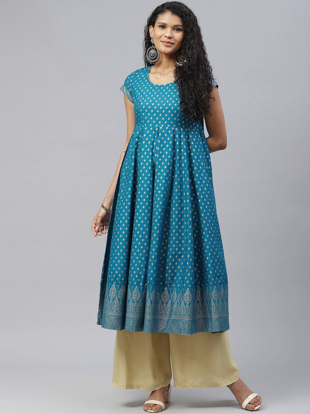 

Poshak Hub Ethnic Motifs Printed Pure Cotton Foil Print Anarkali Kurta, Turquoise blue