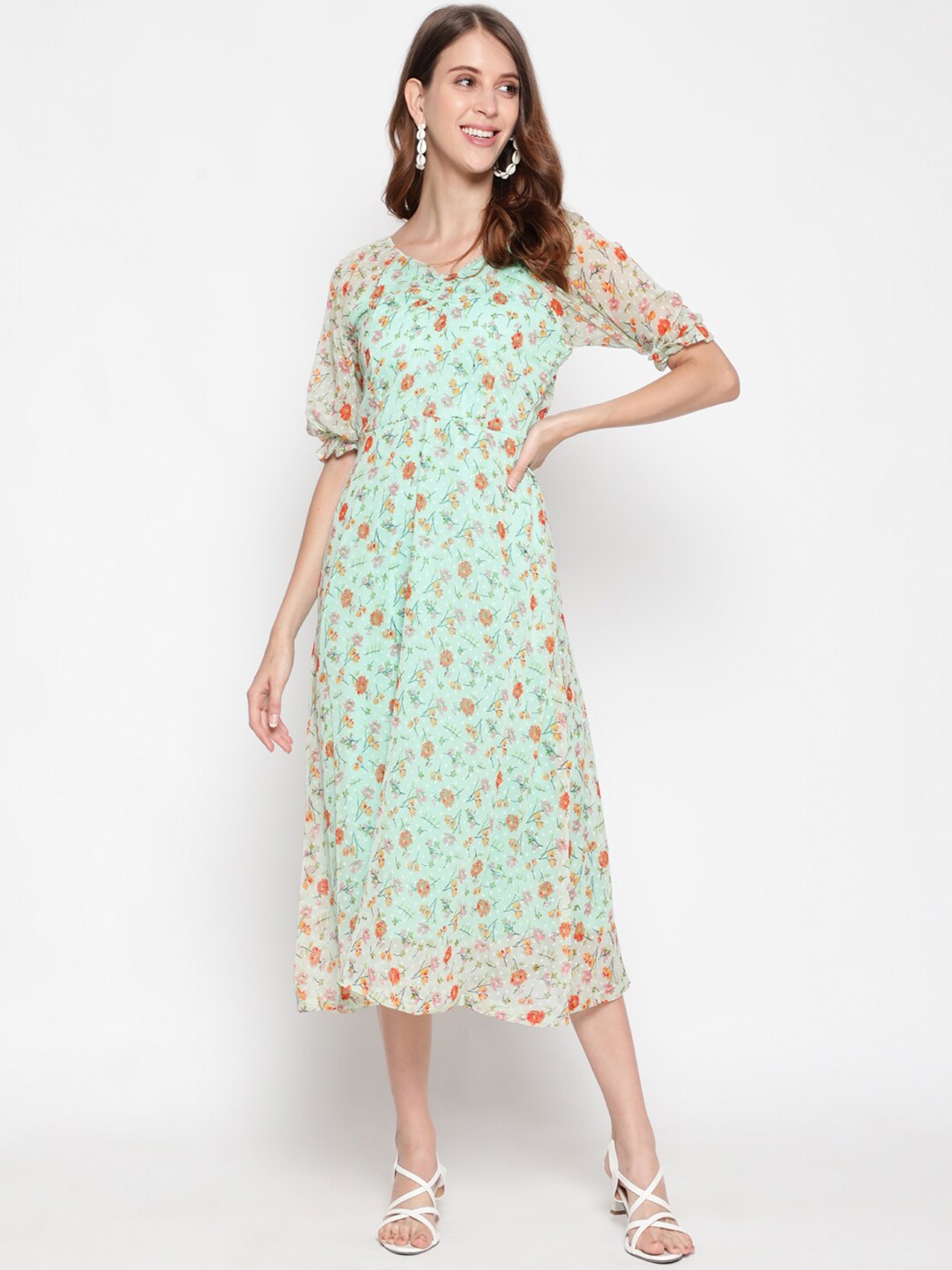 

AKIMIA Floral Printed Fit & Flare Midi Dress, Sea green
