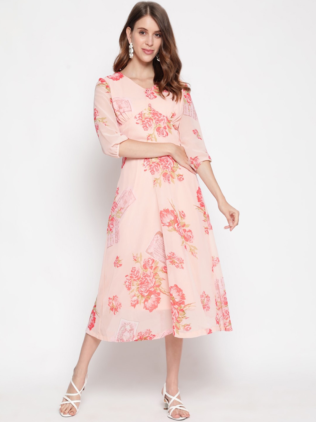 

AKIMIA Floral Printed Fit & Flare Midi Dress, Peach