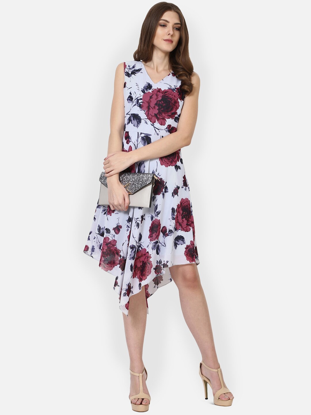 

AKIMIA Asymmetric Sleeveless Floral Printed Georgette Fit & Flare Dress, Grey