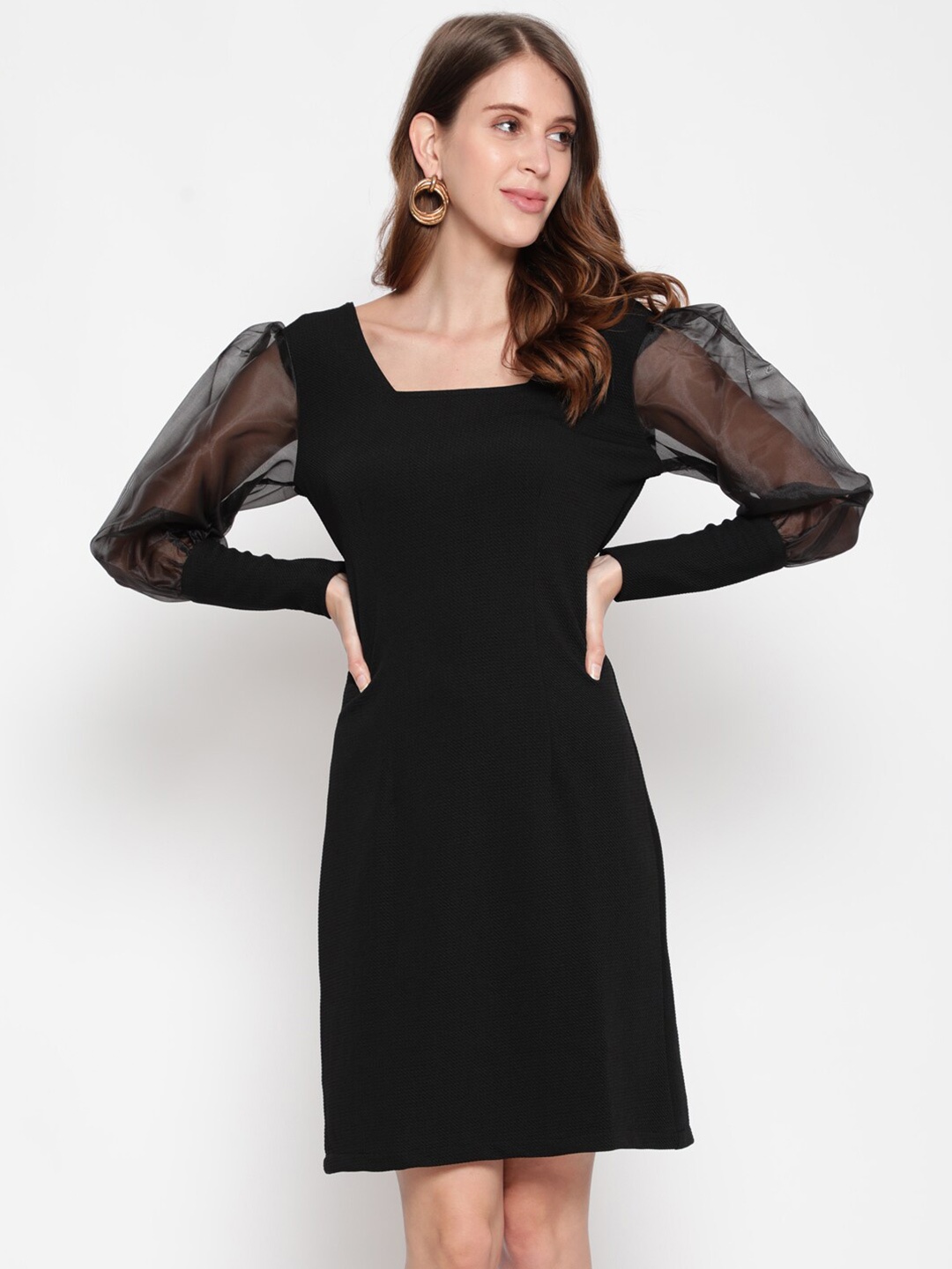 

AKIMIA Sheer Puff Sleeves Square Neck Back Slit Sheath Dress, Black