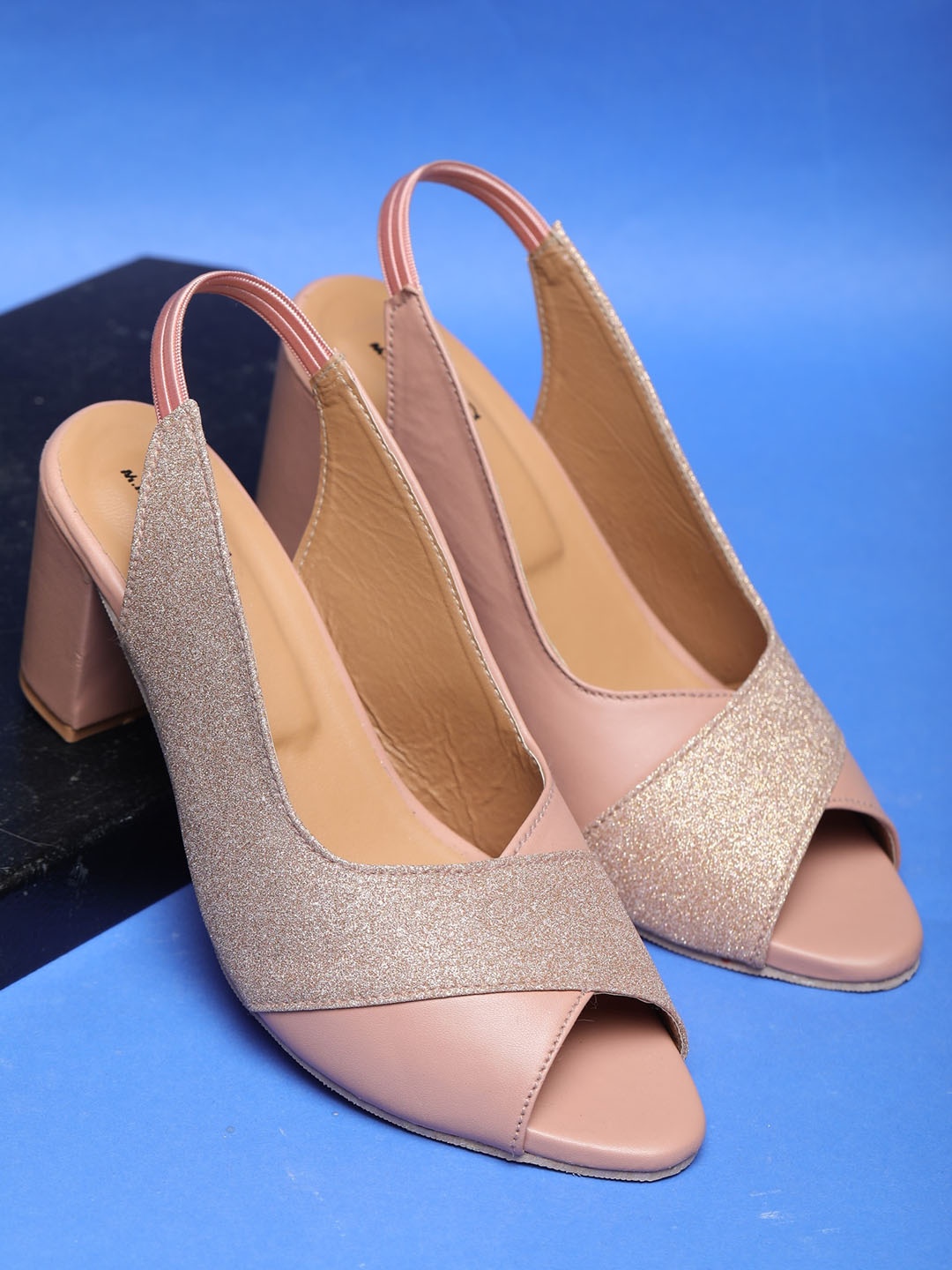 

Myra Colourblocked Embellished Peep Toes Block Heels, Pink