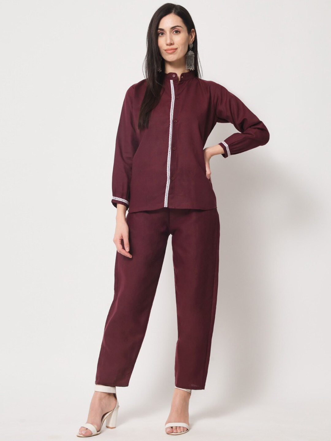 

MORLY Pure Cotton Mock Collar Shirt and Trouser Co-Ords, Maroon