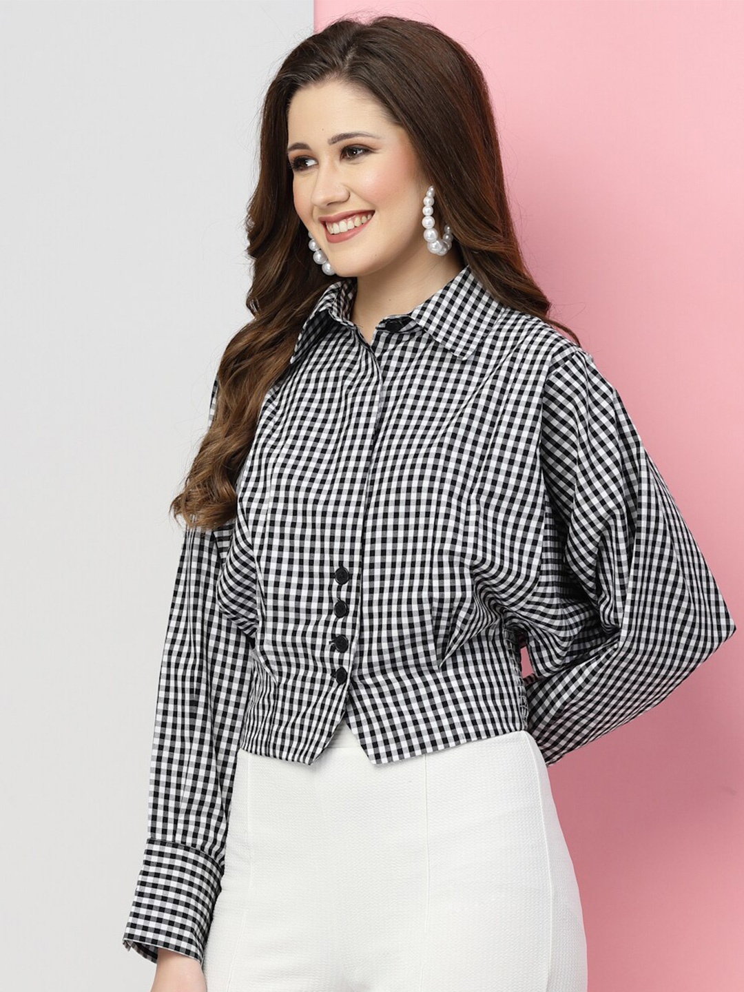 

KASSUALLY Spread Collar Gingham Checked Kimono Sleeves Boxy Casual Shirt, Black