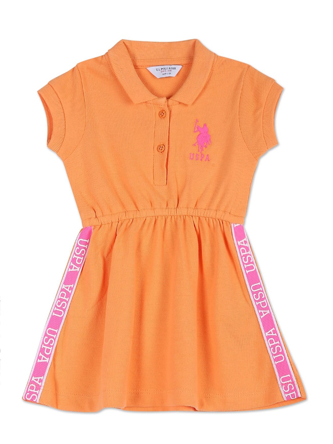 

U.S. Polo Assn. Kids Girls Polo Collar Extended Sleeves Pure Cotton Fit And Flare Dress, Orange