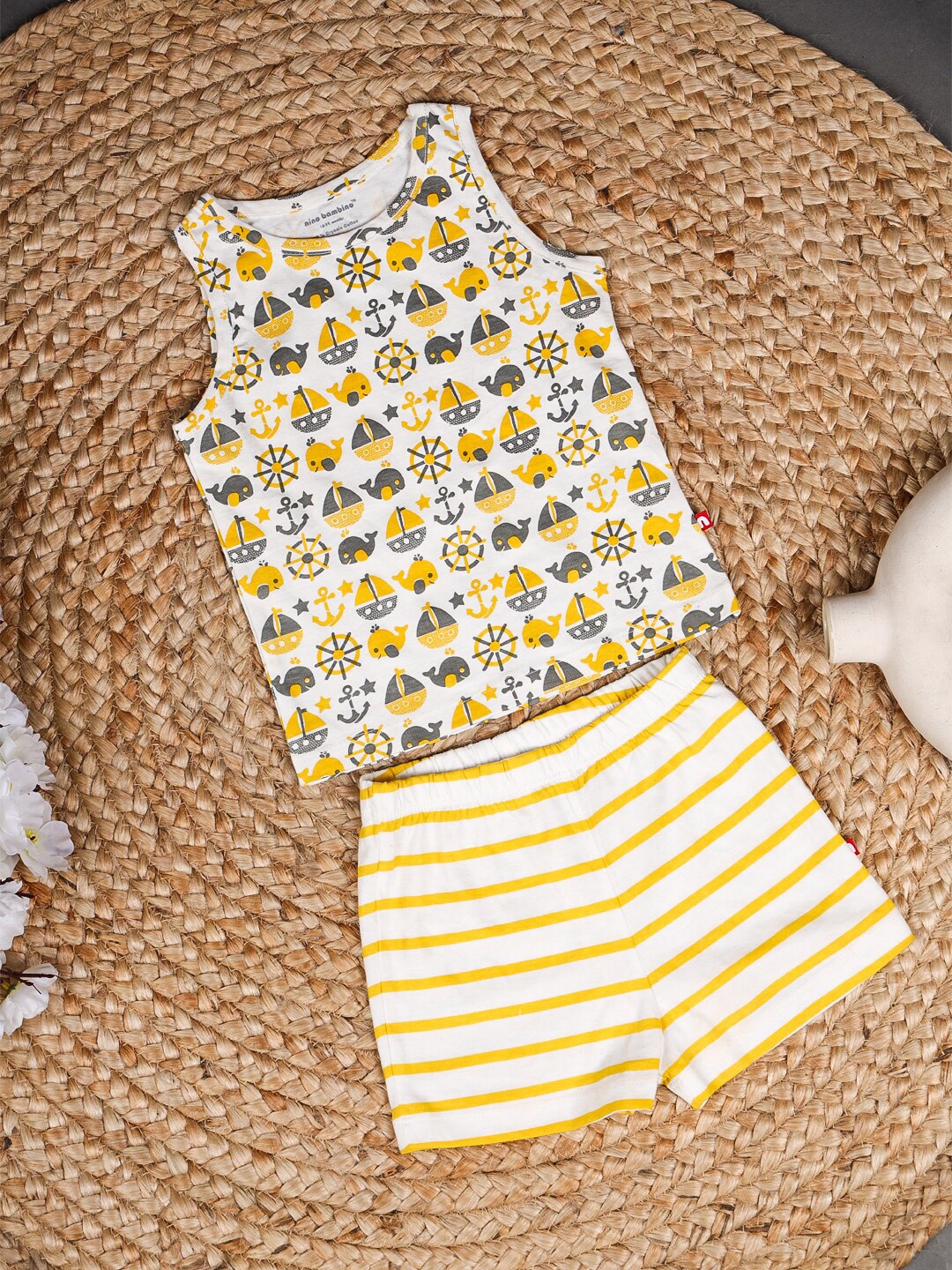 

Nino Bambino Kids Printed Pure Organic Cotton T-shirt with Shorts, White