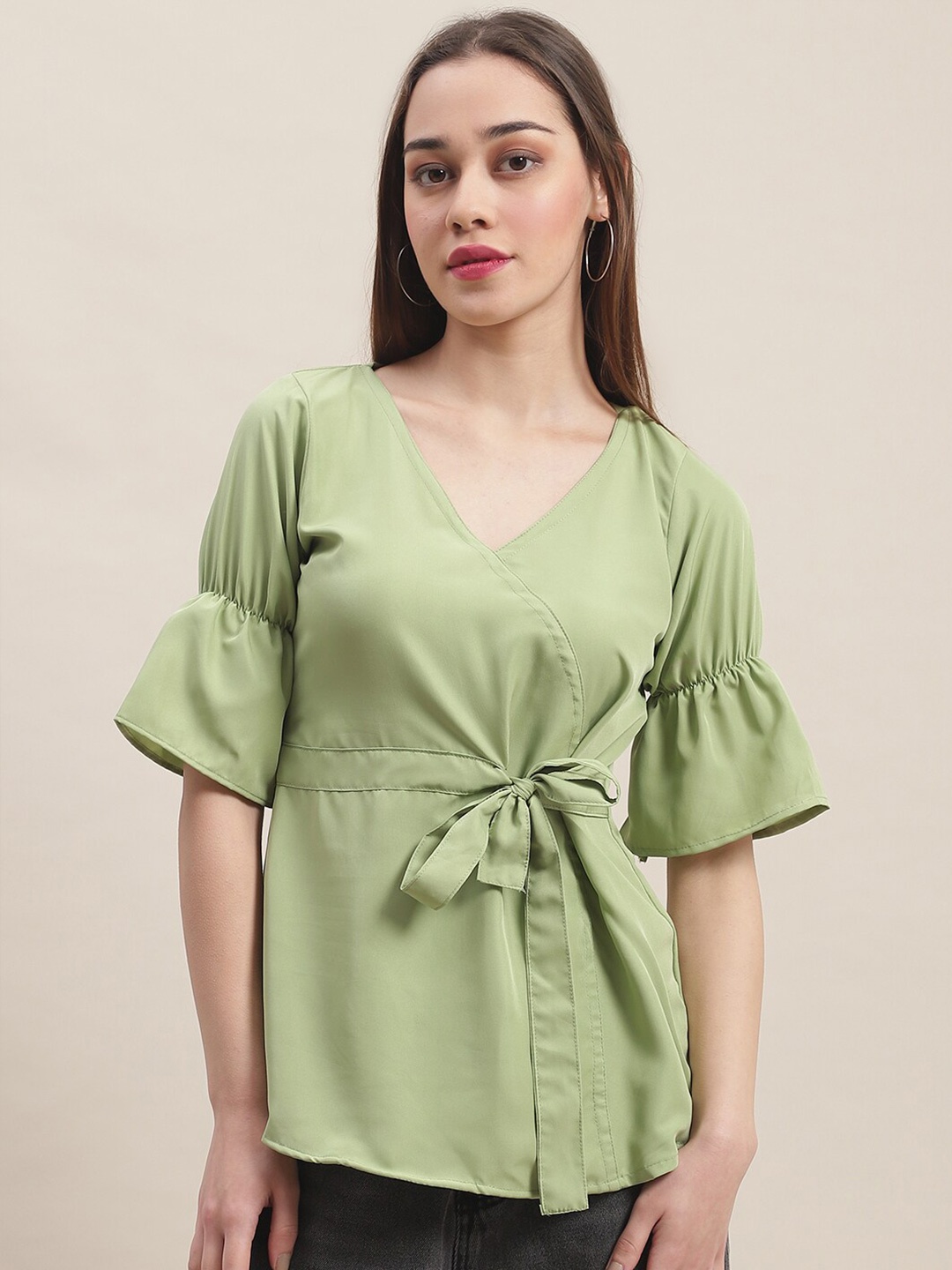 

Enchanted Drapes V-Neck Bell Sleeves Wrap Top, Green