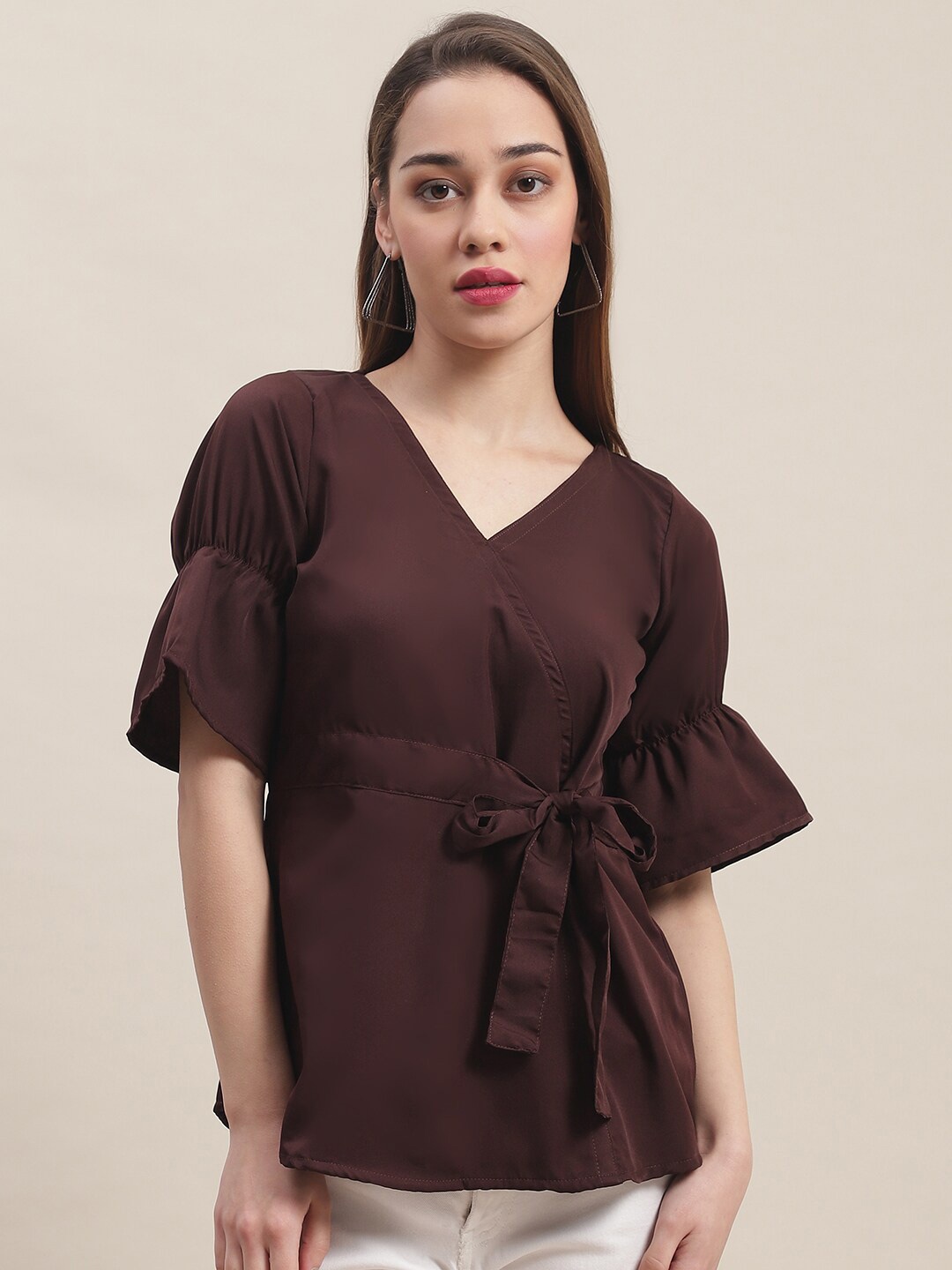 

Enchanted Drapes Crepe Cinched Waist Top, Brown