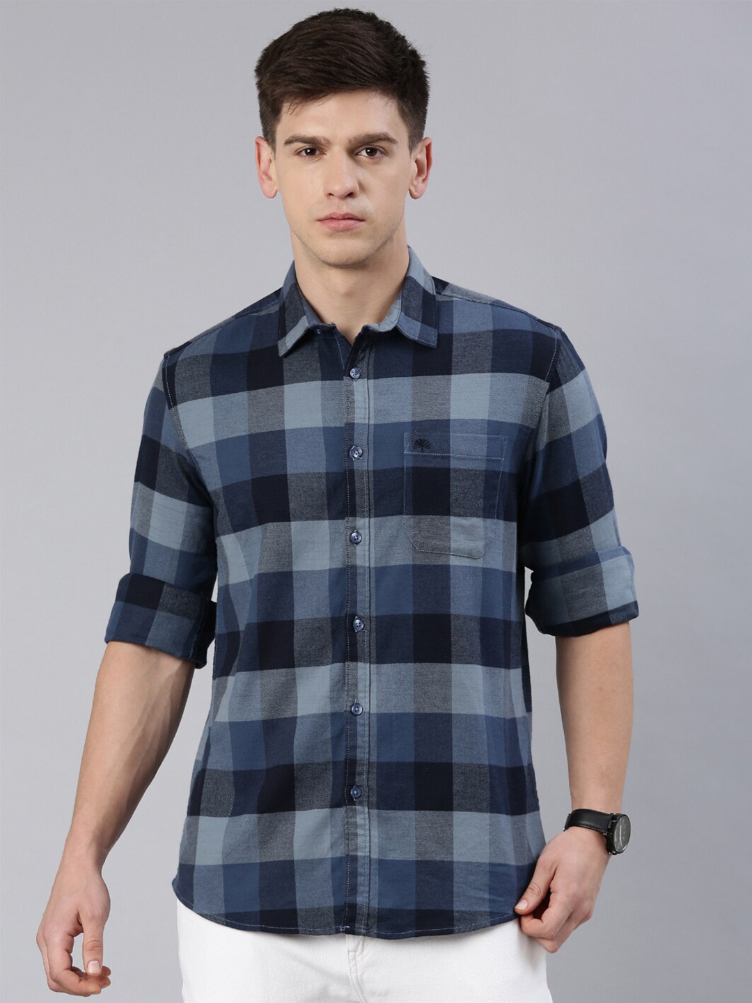 

Chennis Buffalo Checks Cotton Slim Fit Casual Shirt, Navy blue