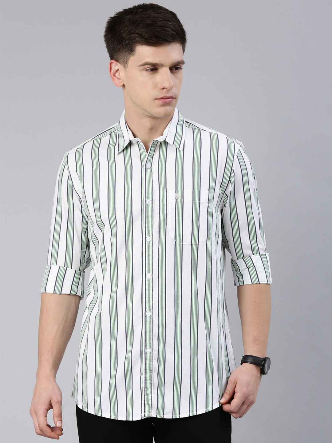 

Chennis Slim Fit Vertical Striped Casual Cotton Shirt, Green