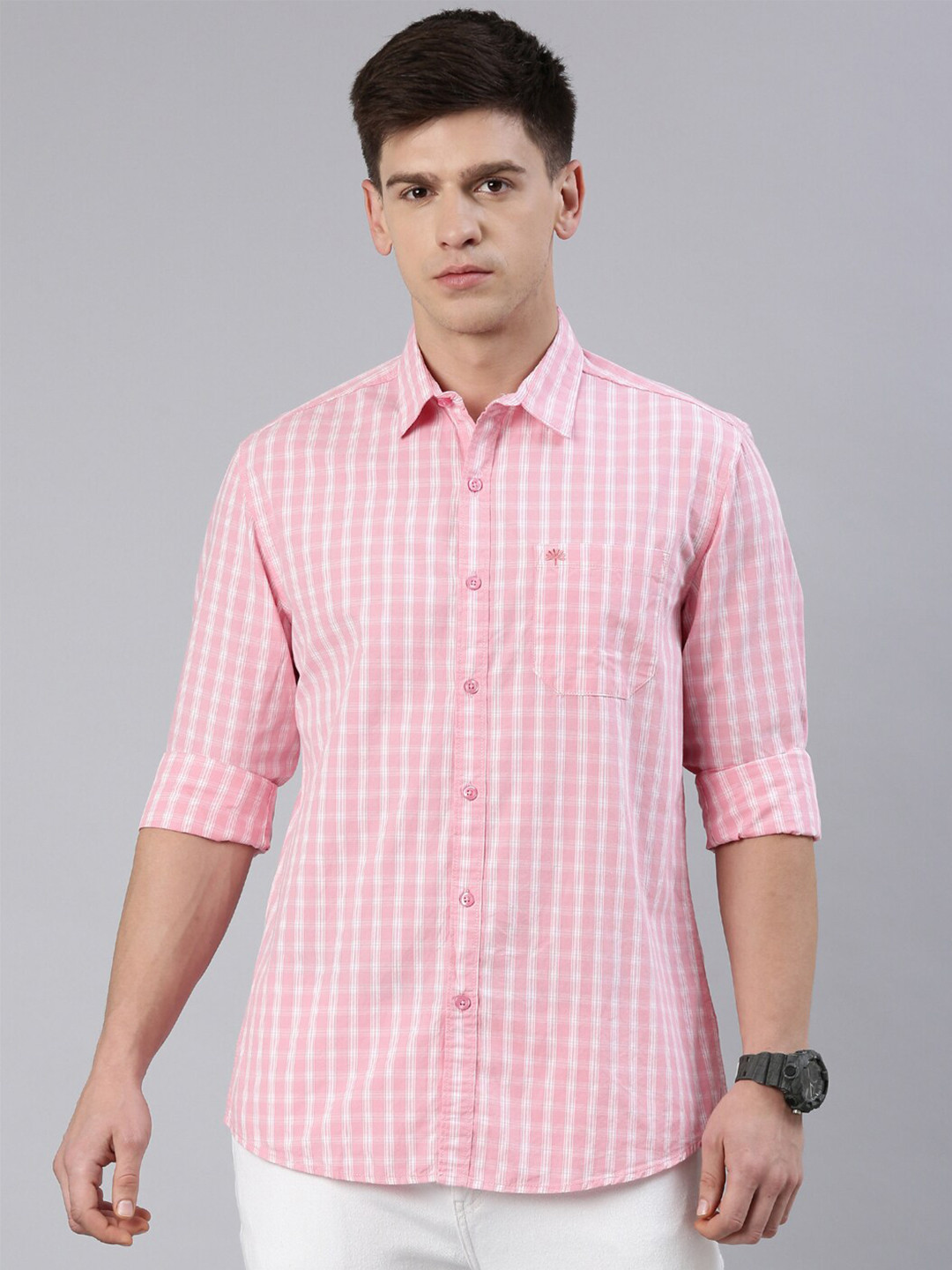 

Chennis Grid Tattersall Checked Slim Fit Casual Cotton Shirt, Pink