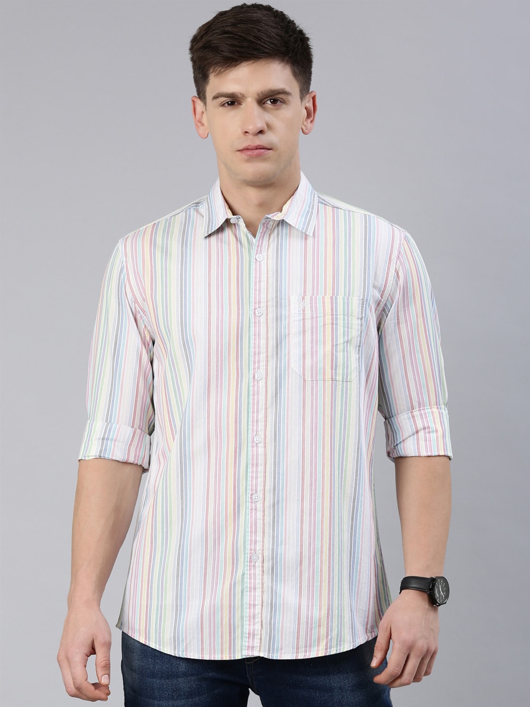 

Chennis Slim Fit Vertical Striped Cotton Casual Shirt, Blue