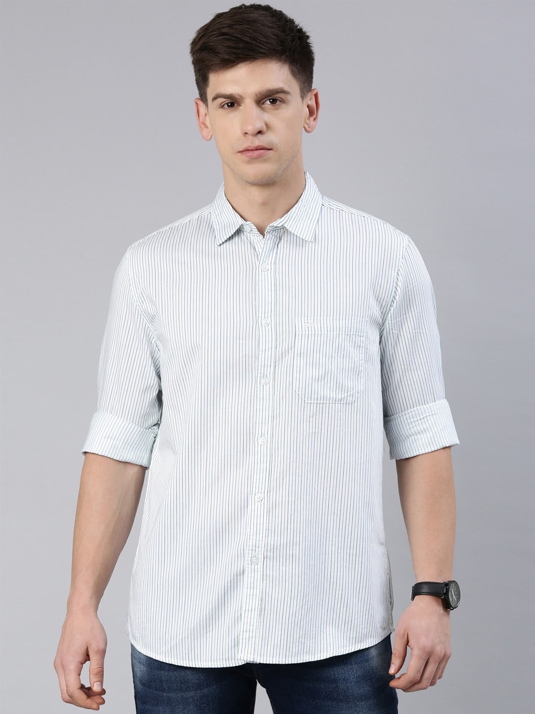 

Chennis Slim Fit Vertical Striped Cotton Casual Shirt, White