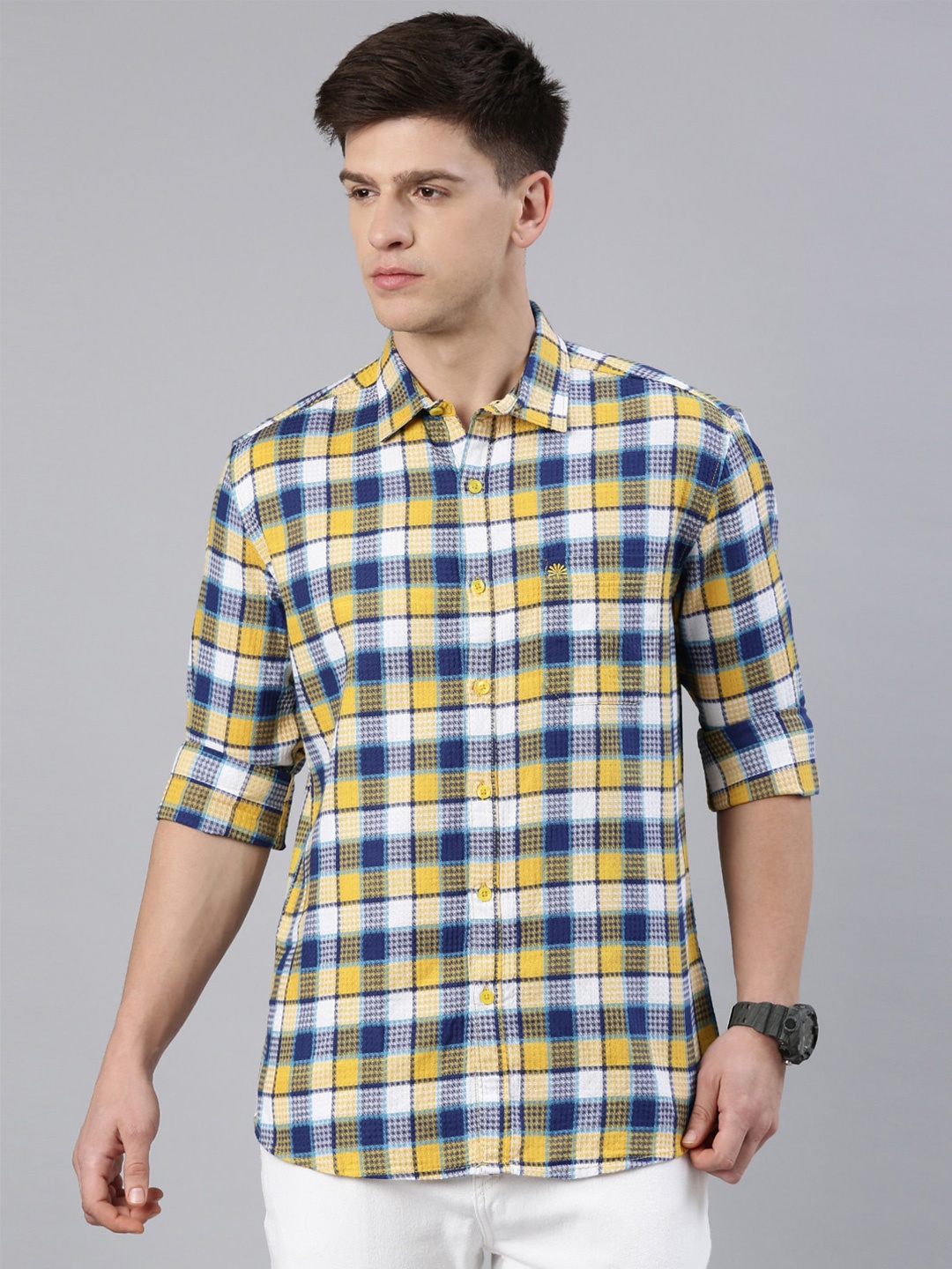 

Chennis Slim Fit Tartan Checks Checked Cotton Casual Shirt, Yellow