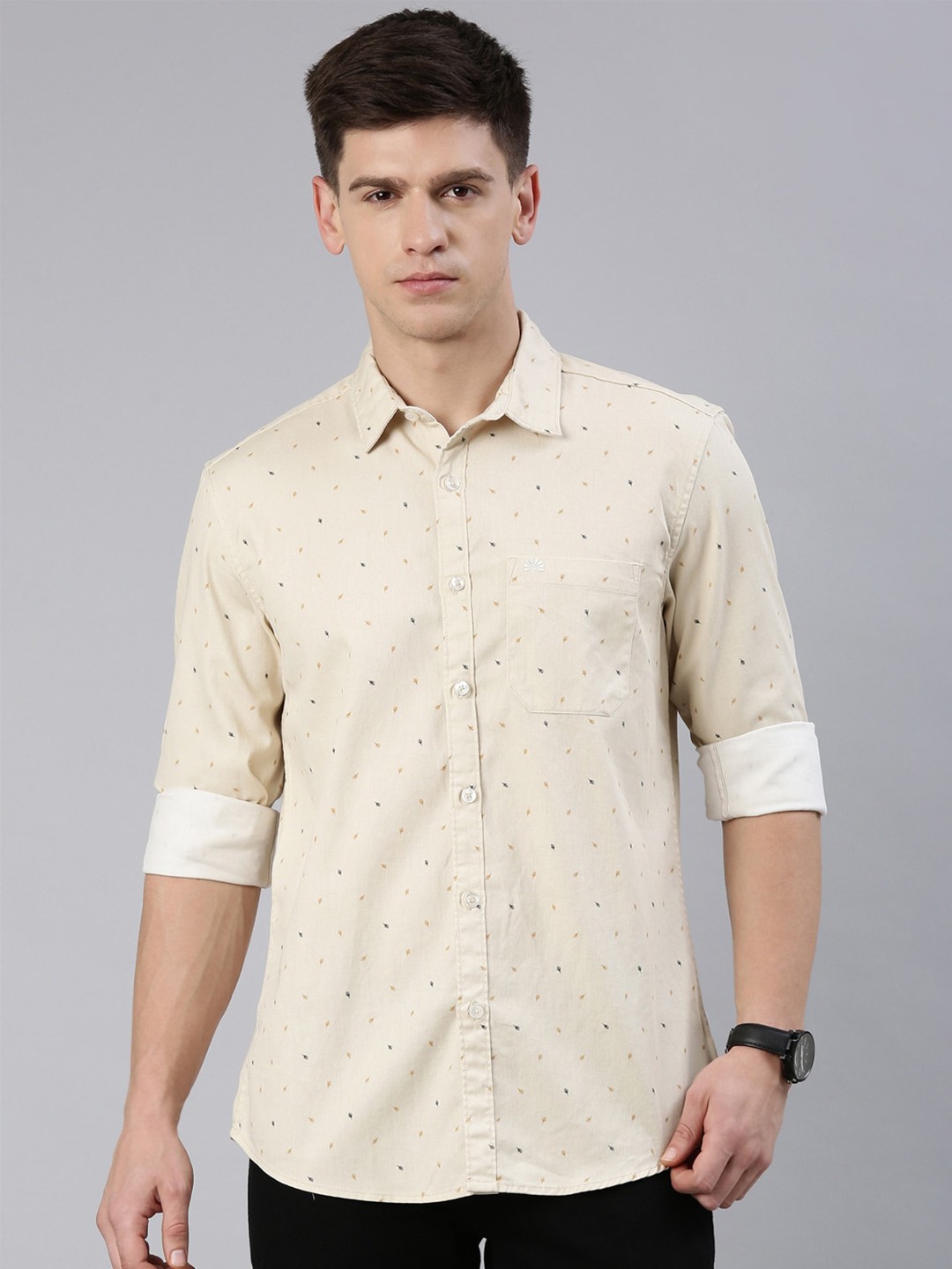 

Chennis Slim Fit Conversational Printed Cotton Casual Shirt, Cream