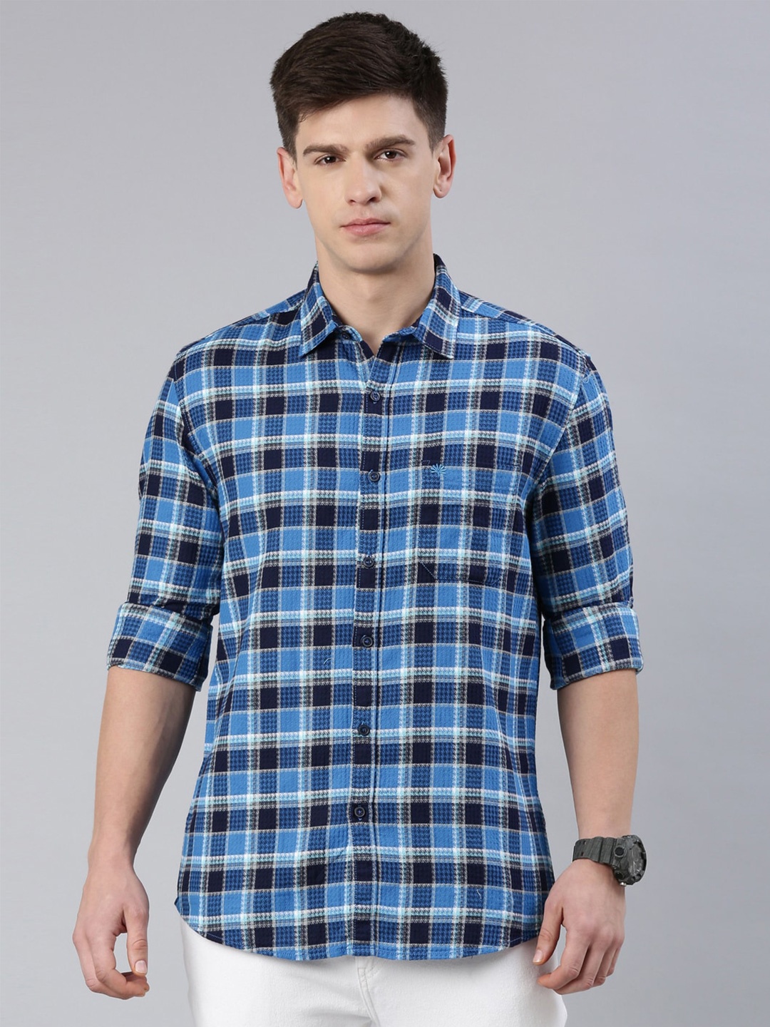 

Chennis Slim Fit Tartan Checked Cotton Casual Shirt, Blue