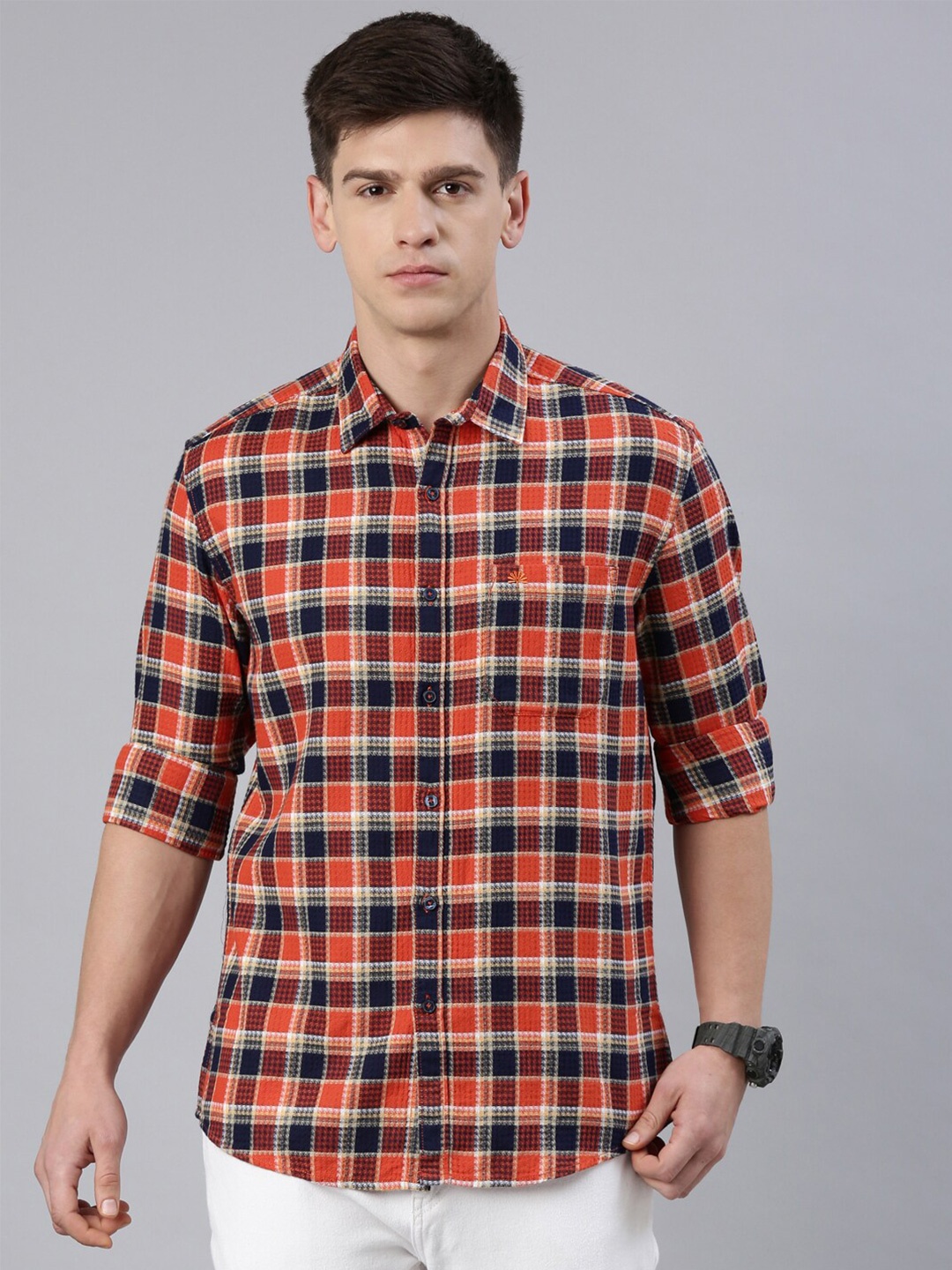 

Chennis Slim Fit Tartan Checked Cotton Casual Shirt, Red