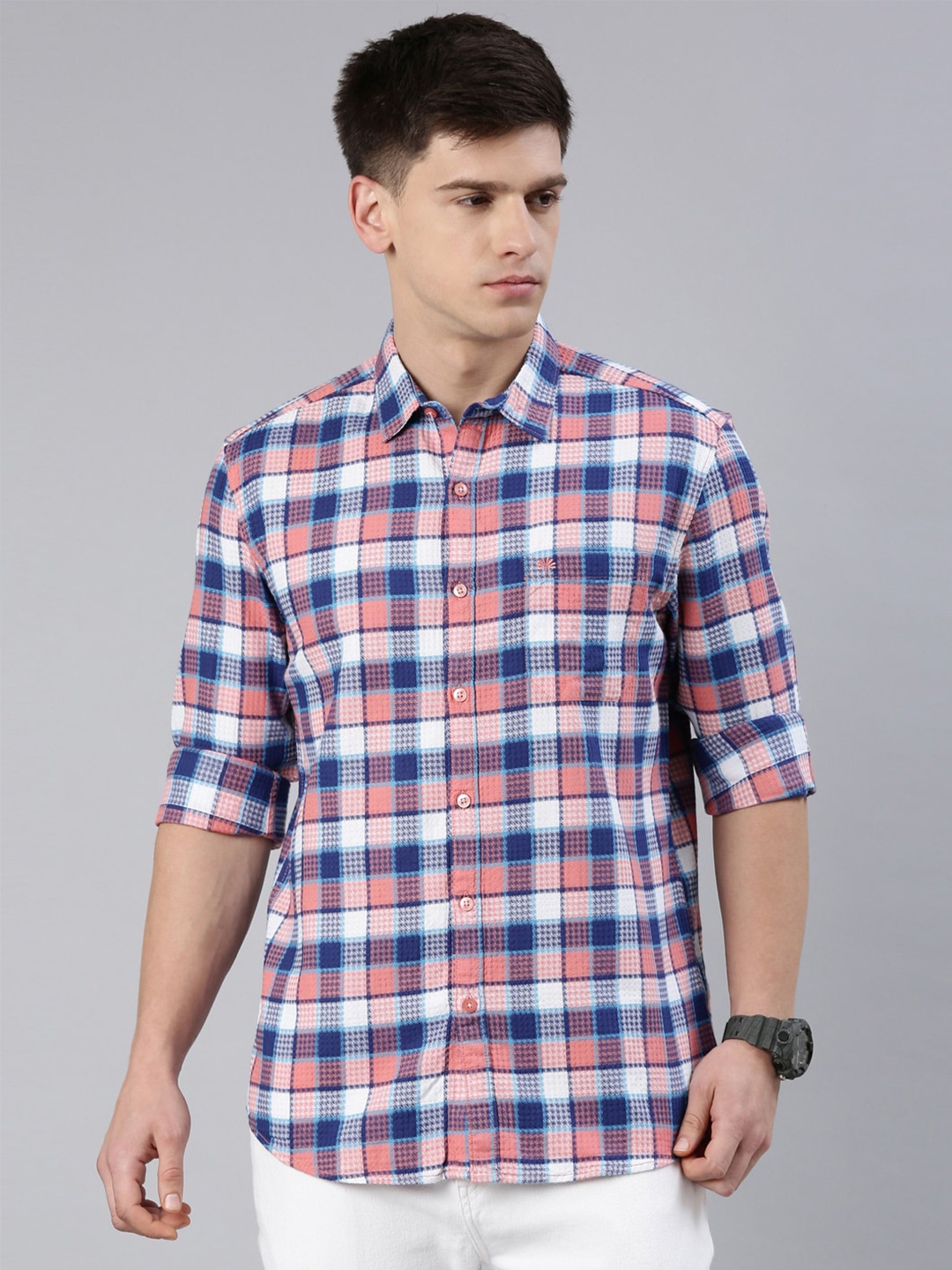 

Chennis Slim Fit Tartan Checks Checked Cotton Casual Shirt, Pink
