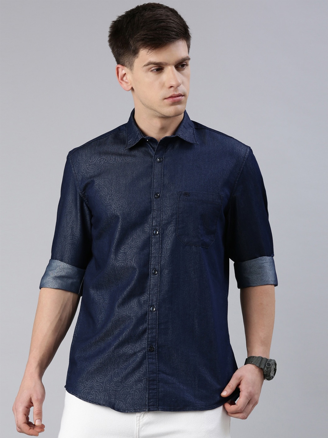 

Chennis Printed Cotton Casual Shirt, Navy blue