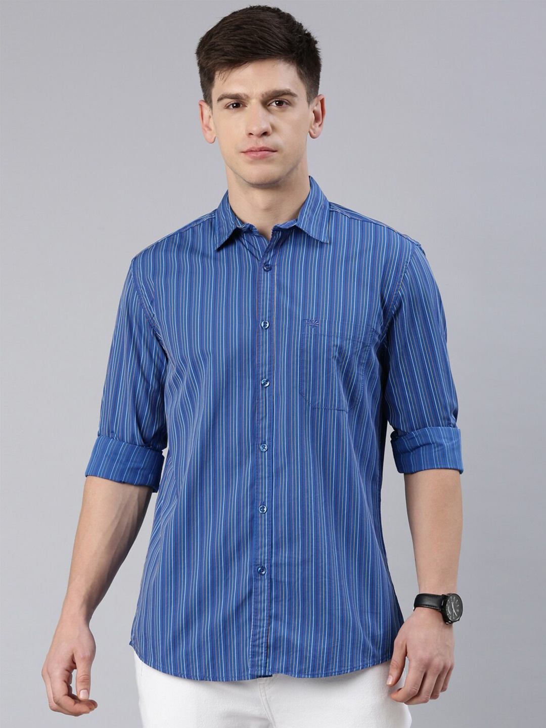 

Chennis Spread Collar Slim Fit Vertical Striped Cotton Casual Shirt, Blue