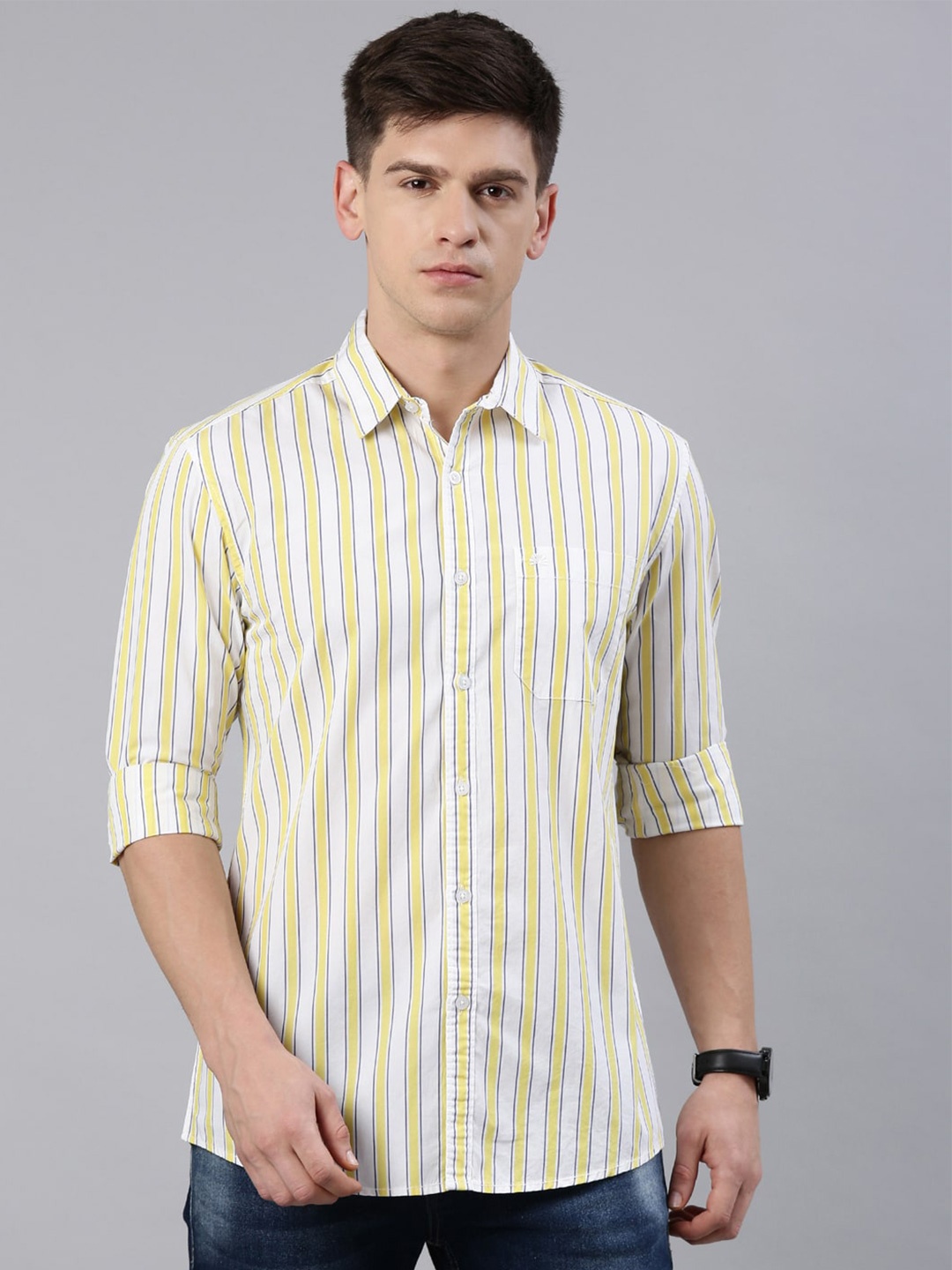 

Chennis Slim Fit Vertical Striped Cotton Casual Shirt, Yellow
