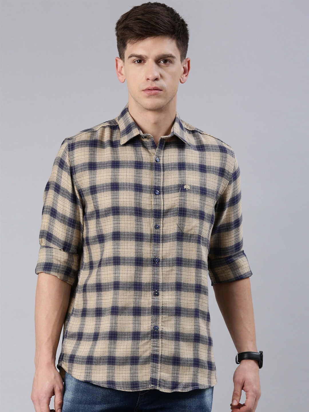 

Chennis Slim Fit Tartan Checked Cotton Casual Shirt, Brown