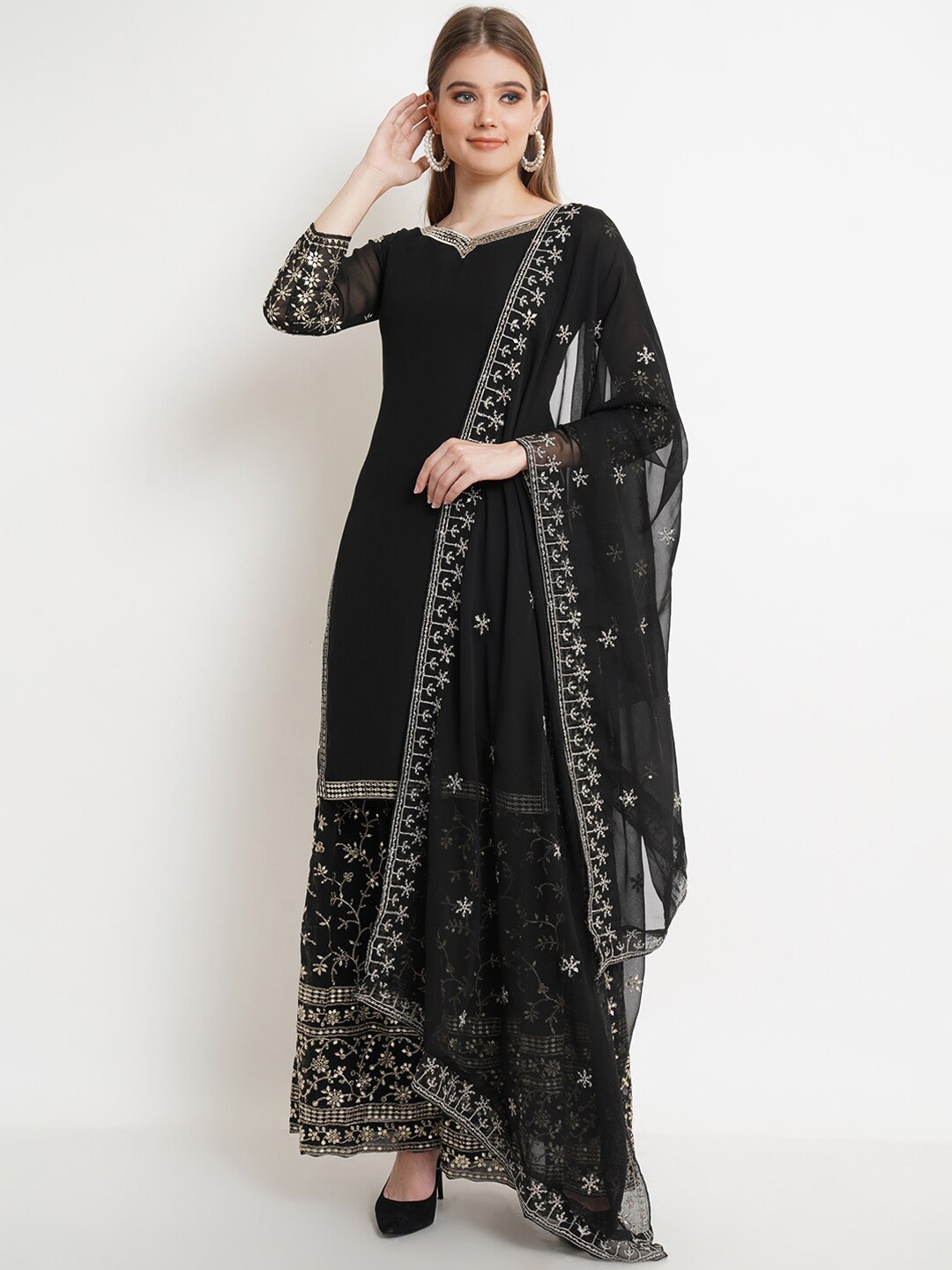 

Purple State Floral Embroidered Sequinned Kurta With Sharara & Dupatta, Black