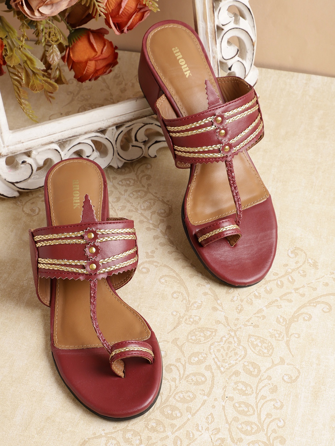 

Anouk Braided Ethnic Block Heels, Maroon