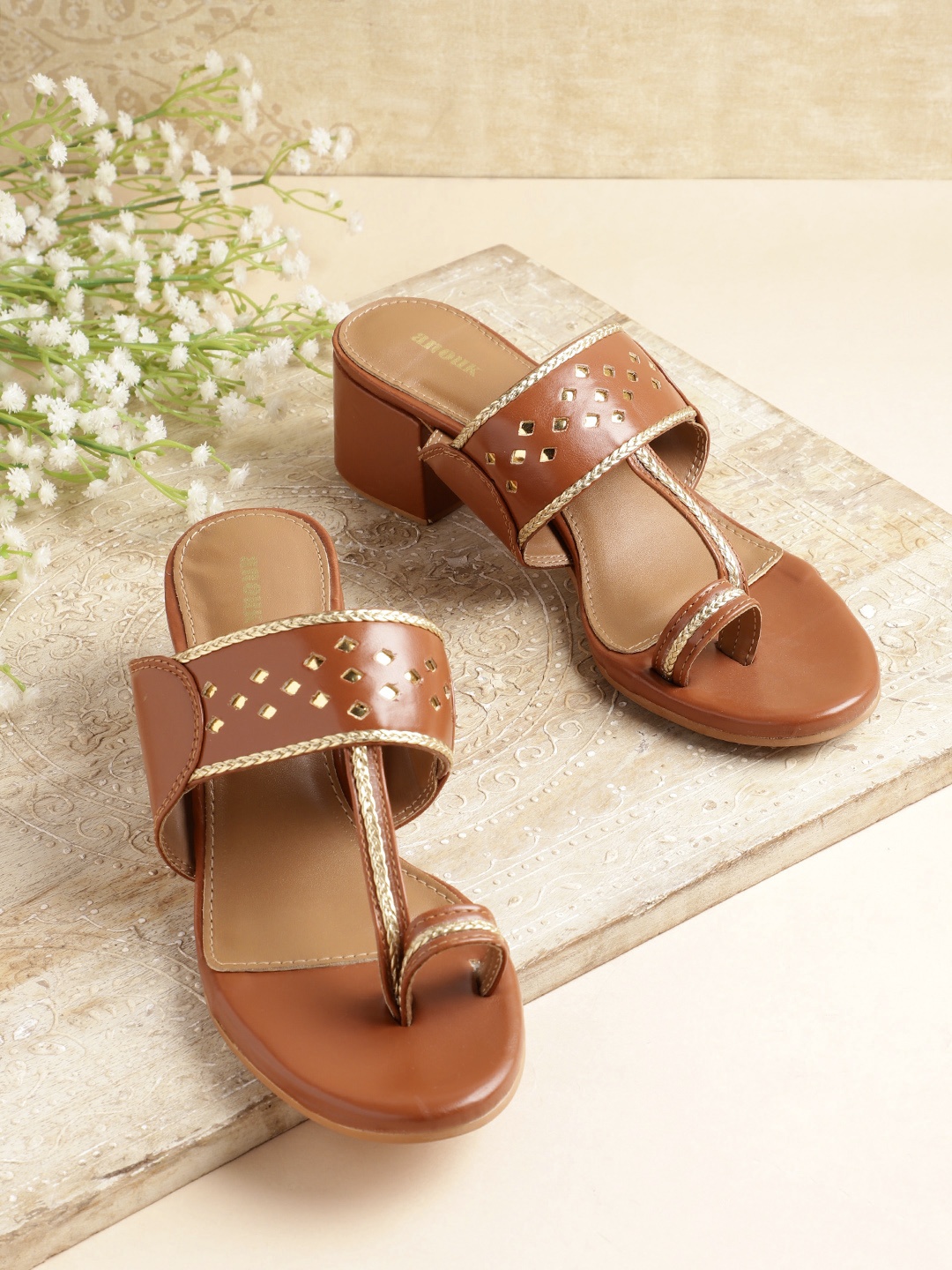

Anouk Braided Ethnic Block Heels with Laser Cut Detail, Tan