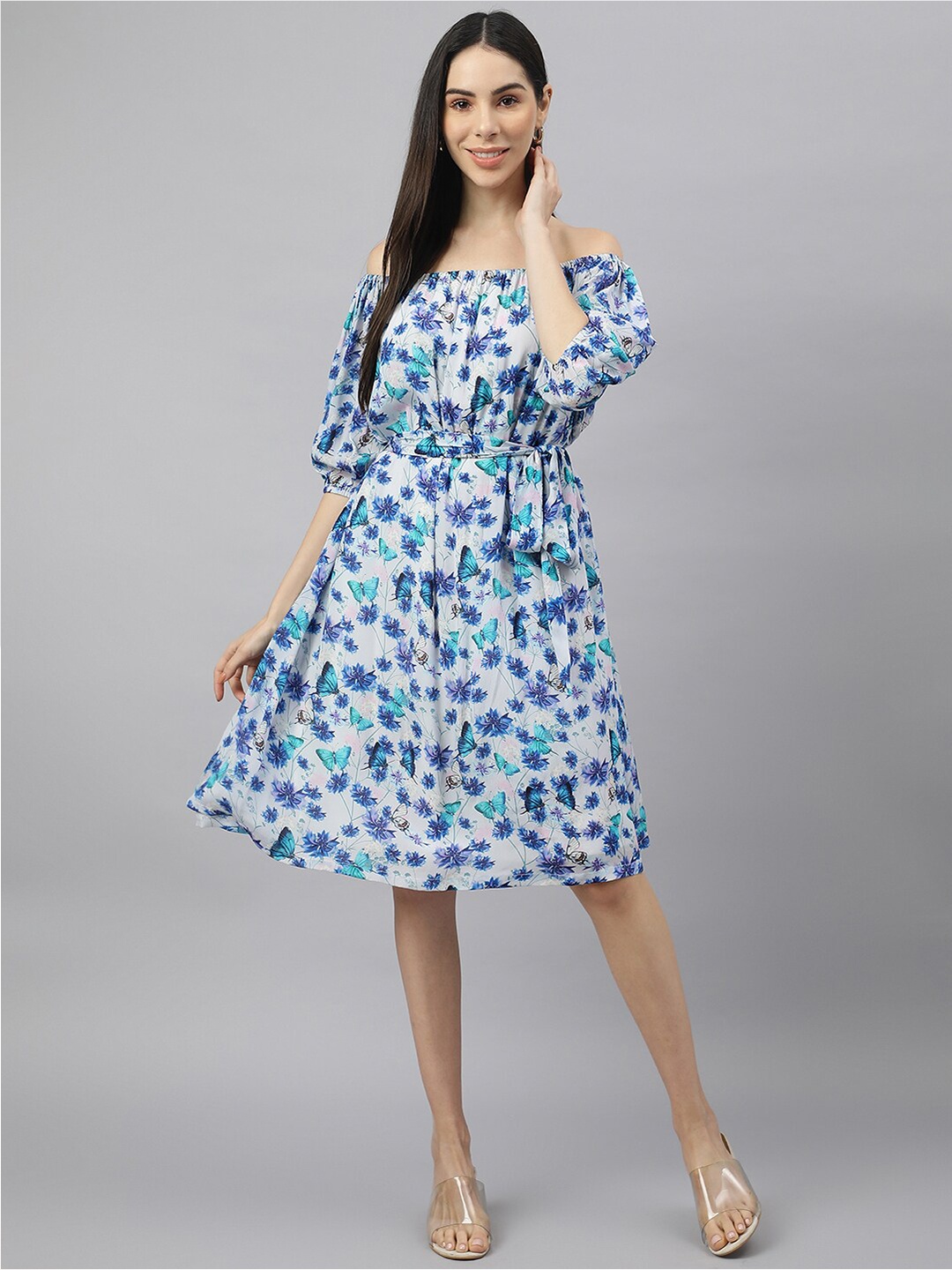 

VALBONE Floral Printed Off-Shoulder Georgette A-Line Dress, White