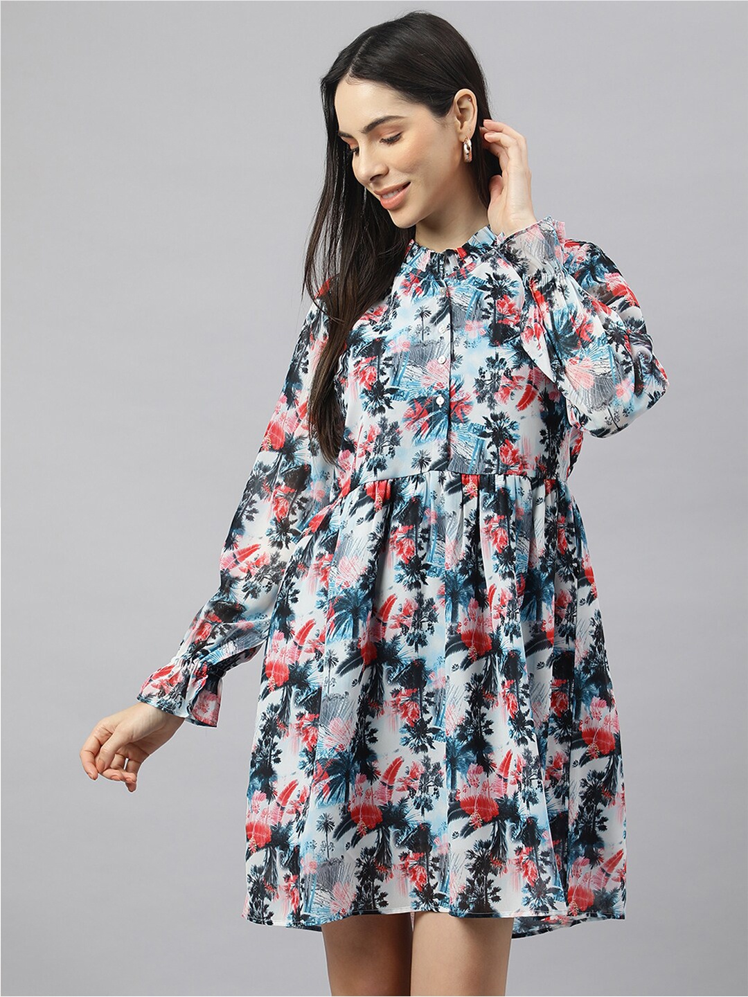 

VALBONE Tropical Printed High Neck Fit And Flare Georgette Dress, Off white