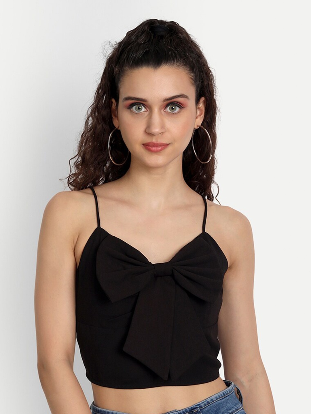 

ESSQUE Shoulder Strap Bow Detailing Crop Top, Black