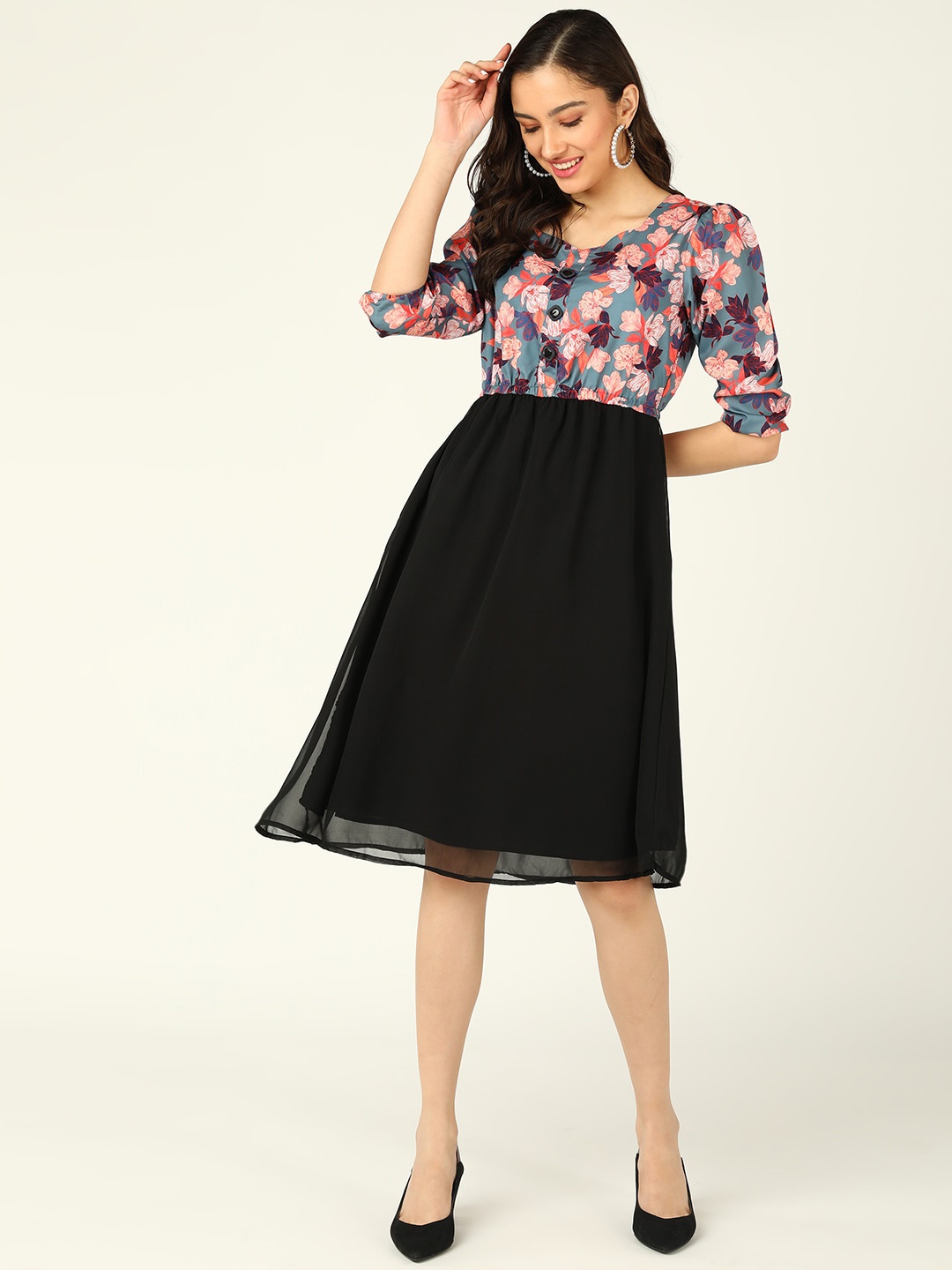 

ZNX Clothing Floral Printed Sweetheart Neck Dress, Grey