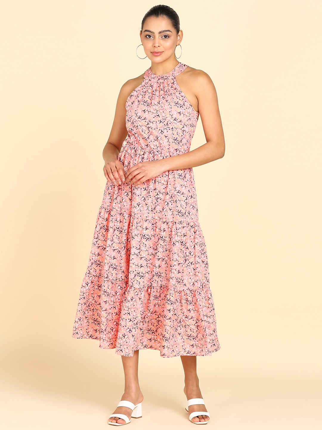 

ZNX Clothing Floral Printed Halter Neck A-Line Midi Dress, Peach