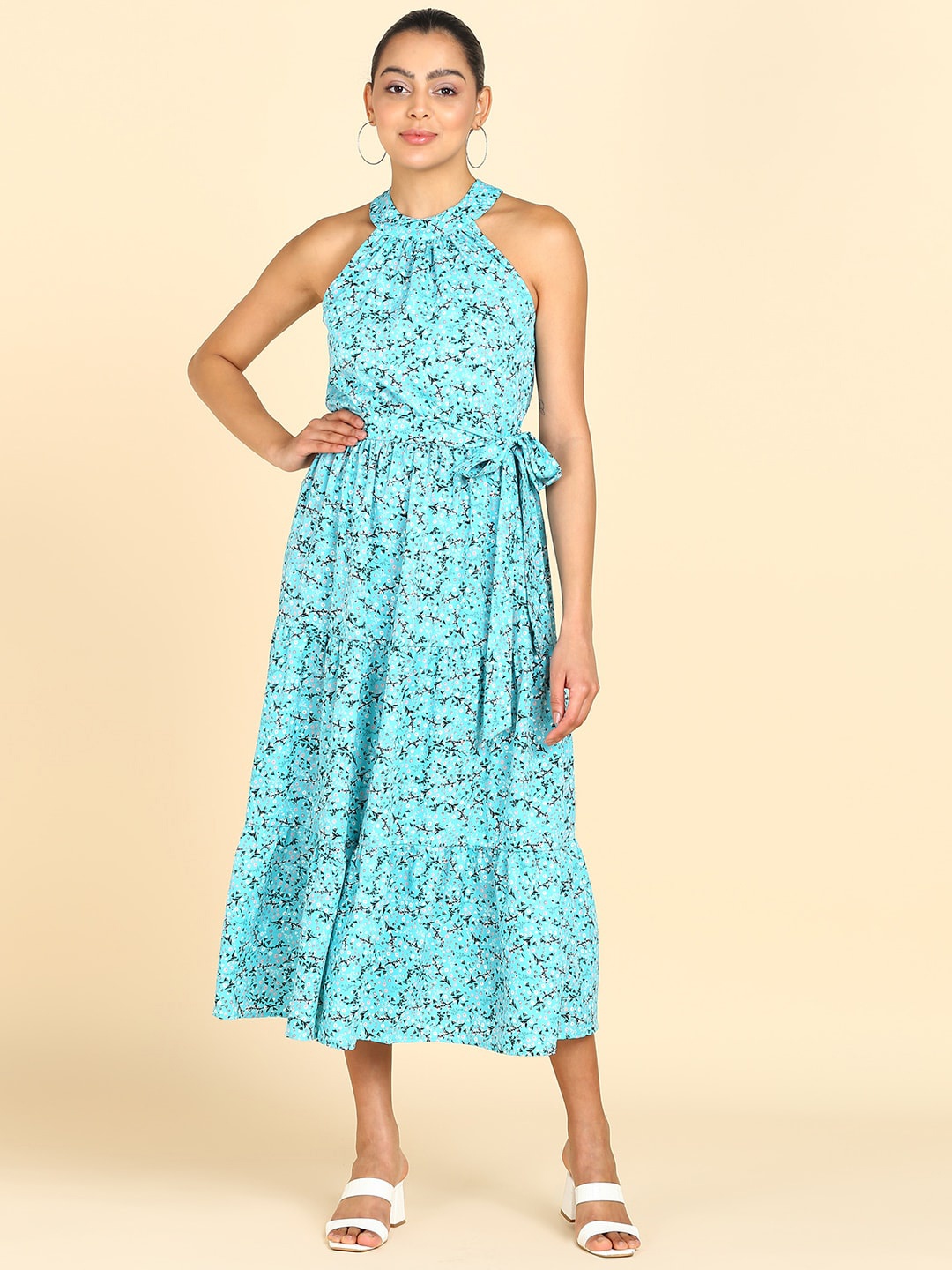 

ZNX Clothing Floral Printed Halter Neck A-Line Midi Dress, Blue