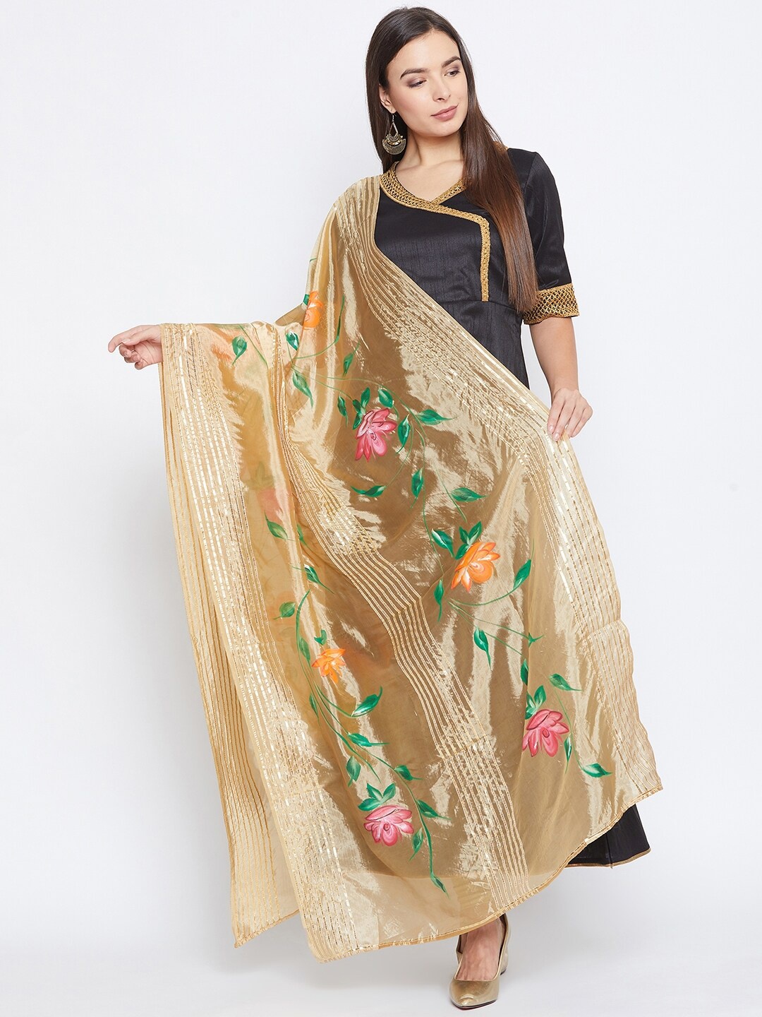 

studio rasa Floral Printed Organza Dupatta, Gold