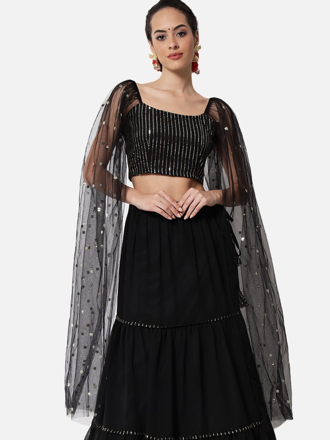 

studio rasa Sequinned Embellished Blouson Crop Top, Black