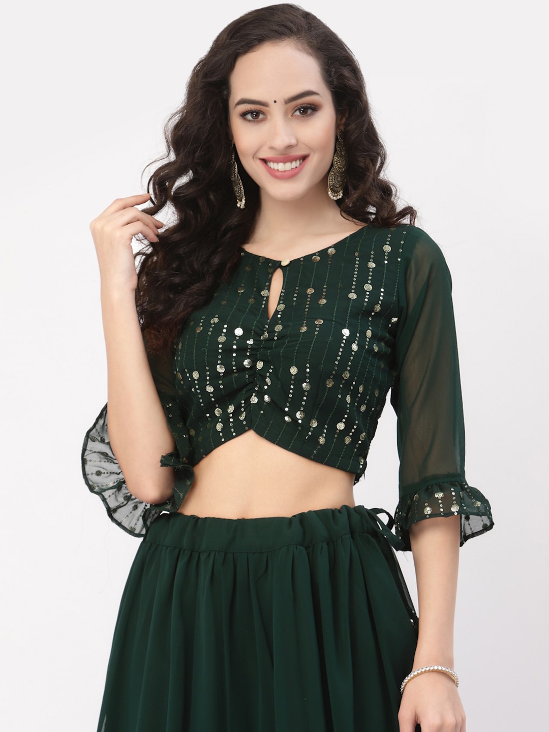 studio rasa Embellished sequined Keyhole Neck Georgette Crop Top, Green