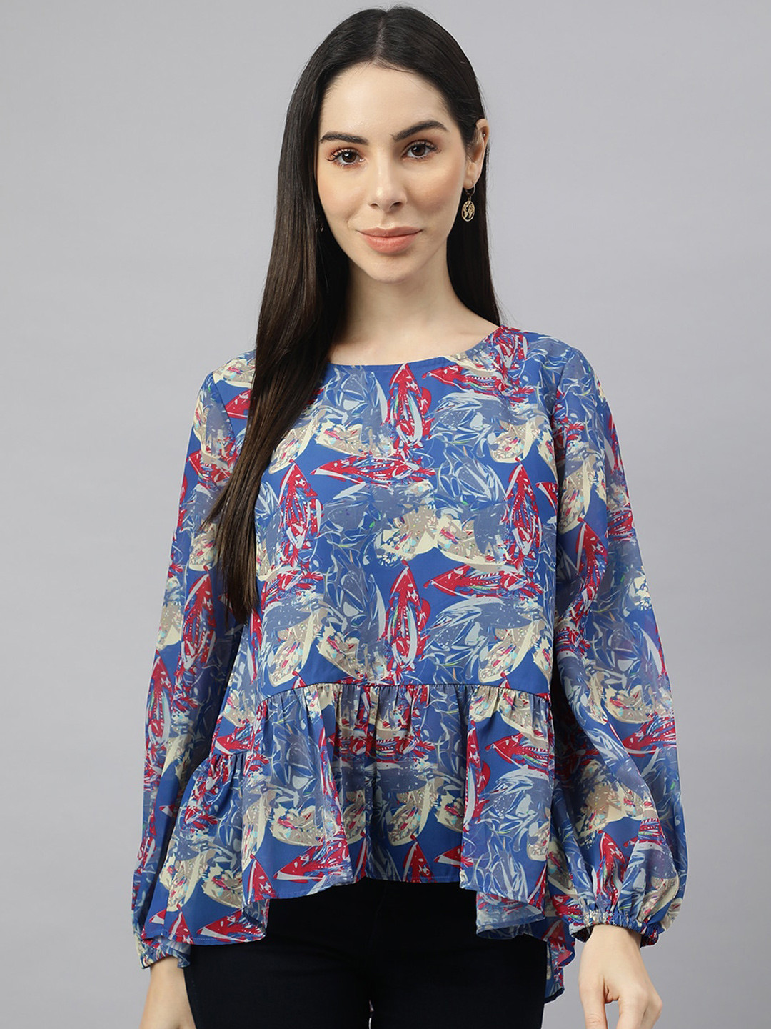 

VALBONE Floral Printed Pleated Puff Sleeves Georgette Top, Blue