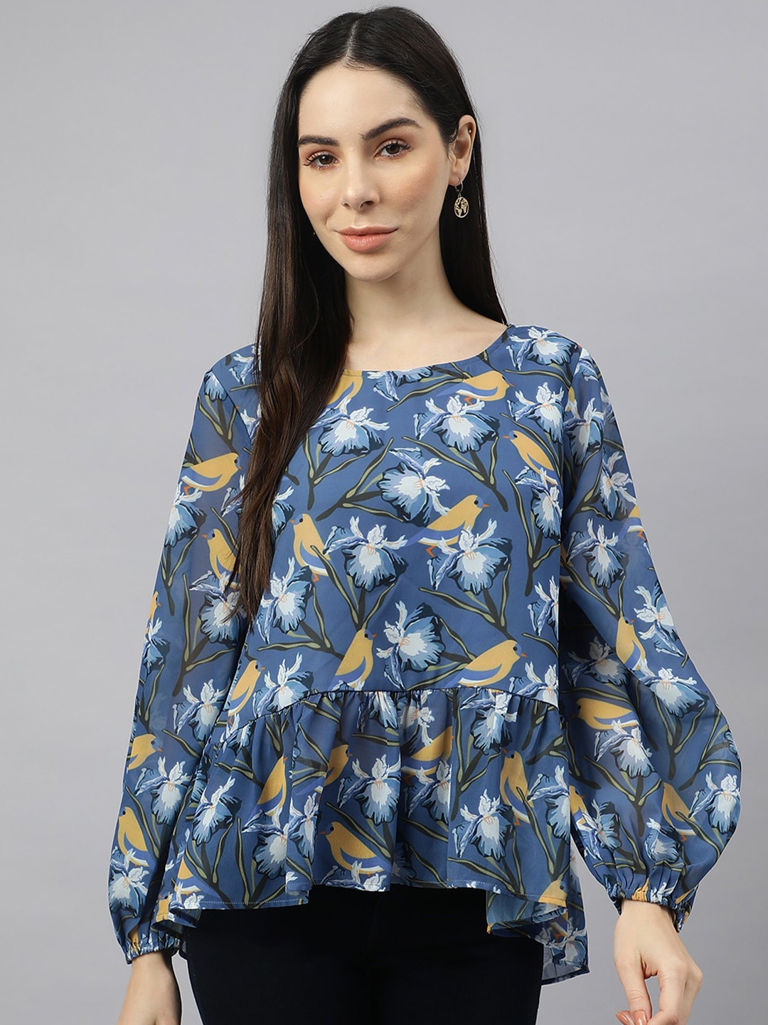 

VALBONE Floral Printed Puff Sleeves Gathered Peplum Top, Navy blue