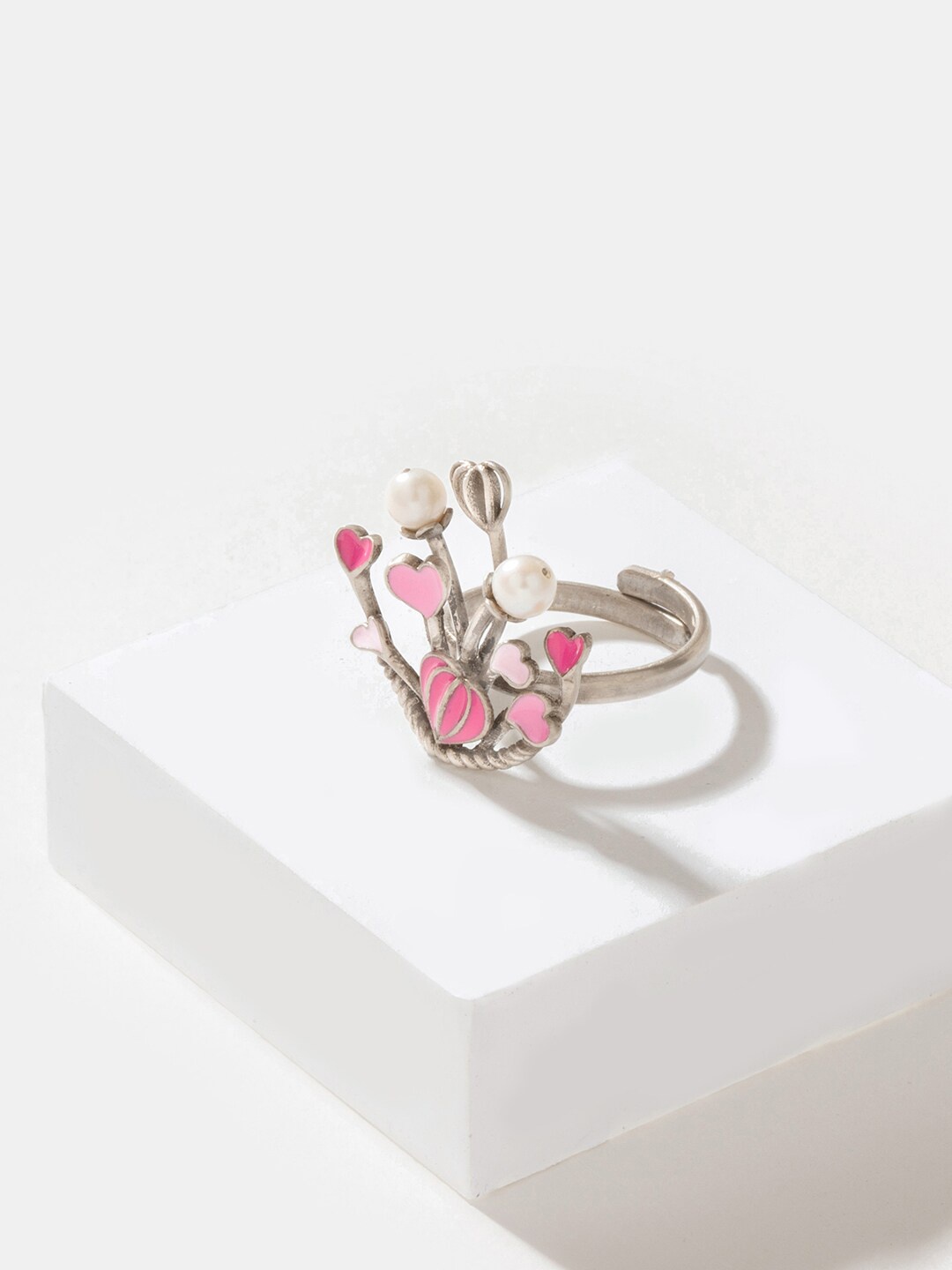 

SHAYA 925 Sterling Silver Stone-Studded & Pearl Beaded Oxidized Adjustable Finger Ring, Pink