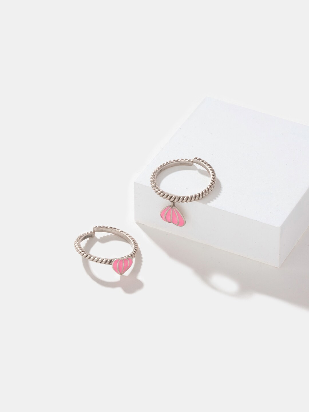 

SHAYA Set Of 2 925 Sterling Silver Oxidised Finger Heart Ring, Pink
